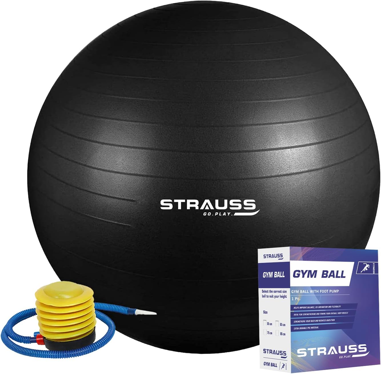 STRAUSS Anti-Burst Rubber Gym Ball with Free Foot Pump | Round Shape Swiss Ball for Exercise, Workout, Yoga, Pregnancy, Birthing, Balance & Stability, 75 cm, (Blue)
