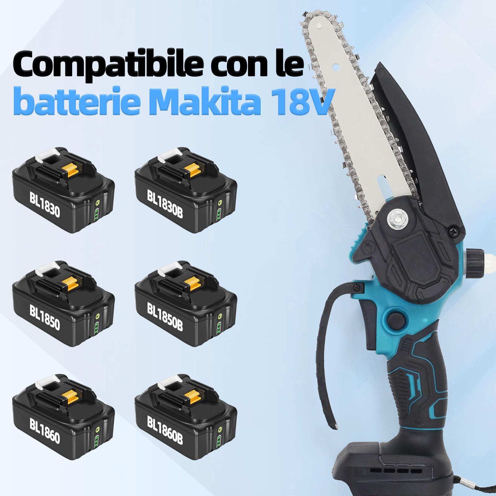Mini Motosega a Batteria 6", Compatibile con Batteria Makita 18V | Motore brushless, lubrificazione auto, blocco di sicurezza, per legno e rami