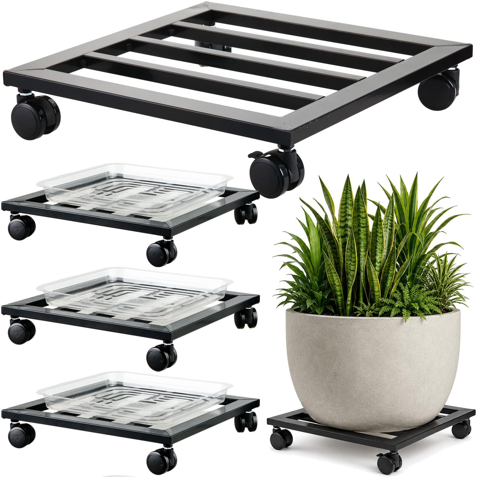 DEELF OUTLET 3 Packs 13.6 inches Large Metal Plant Caddy with PU Wheels Square Planter Dolly Pot Mover Rollers Iron Rolling Wheeled Plant Stands Indoor Outdoor Plant Holder Coaster Trolley, Black
