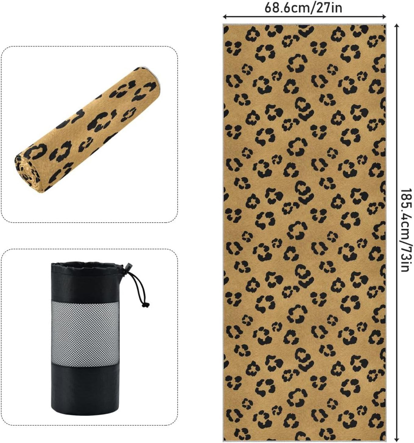 Yoga Mat Towel Leopard Non-Slip Yoga Towel with Silicone Grip，73x27 Inch Soft Fabric & High Absorbent for Pilates, Fitness Exercise
