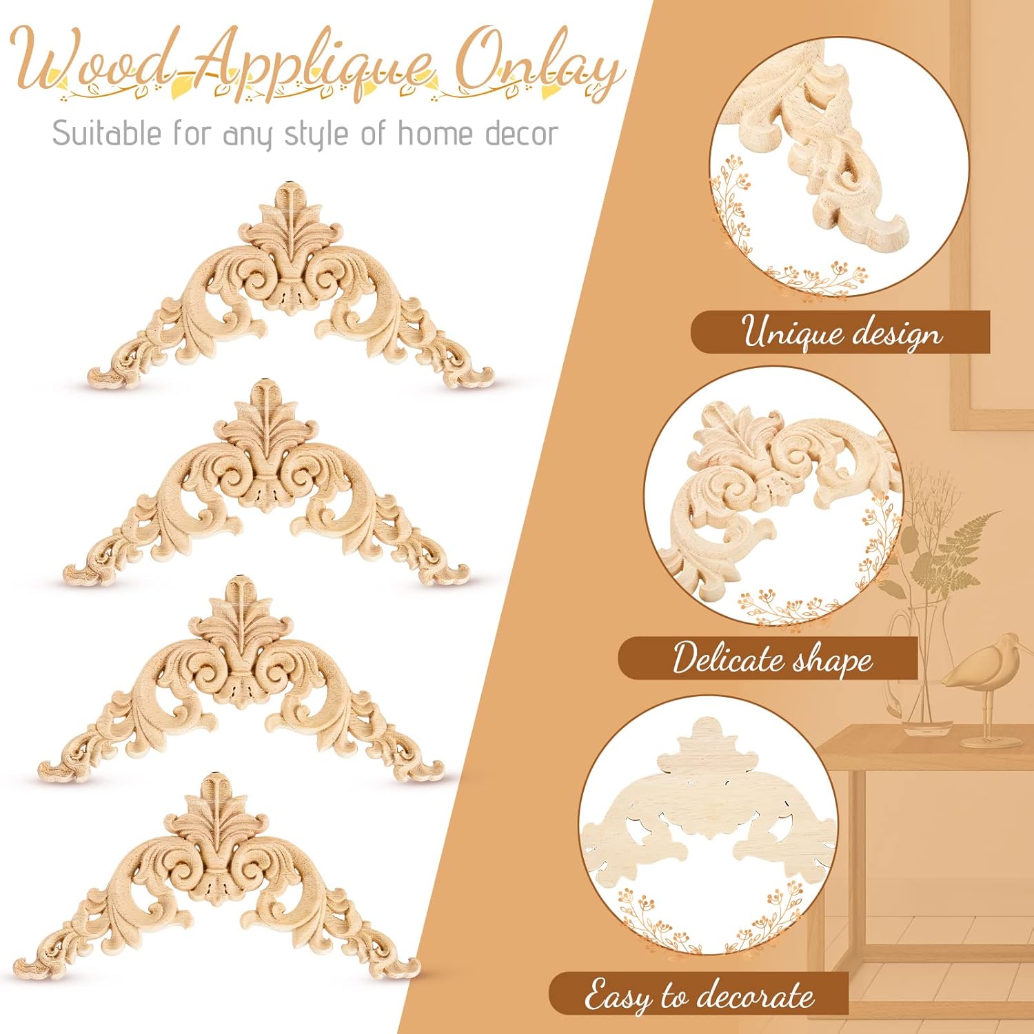 Yalikop 10 Pieces Wood Appliques and Onlays Wood Appliques for Furniture Decorative Wooden DIY Carved Onlay for Bed Door Cabinet Wardrobe Furniture Decoration(Large Size)