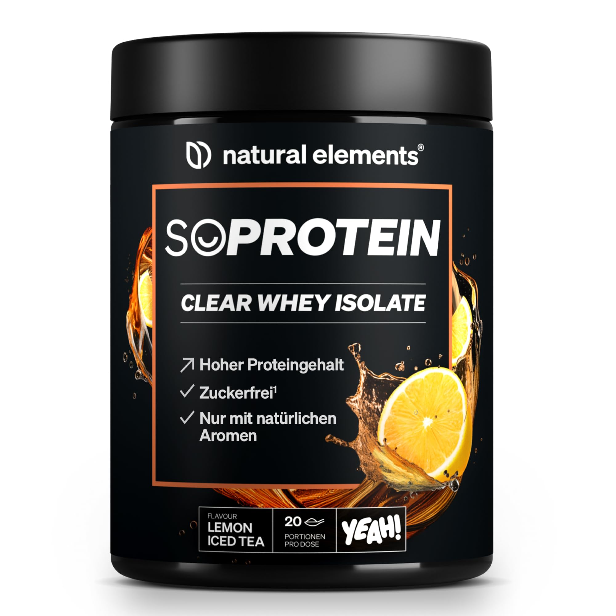 natural elements SoProtein Clear Whey Isolate 600g – Lemon Iced Tea Geschmack – Proteinpulver – erfrischender Protein-Shake – in Deutschland produziert & laborgeprüft