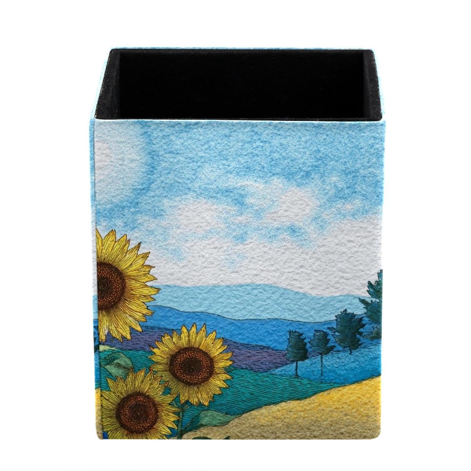 Watercolor Art Sunflower Pen Holder for Desk, Pencil Holder with 1 Compartments, Leather Pencil Cup, Desktop Organizer and Accessories for Office