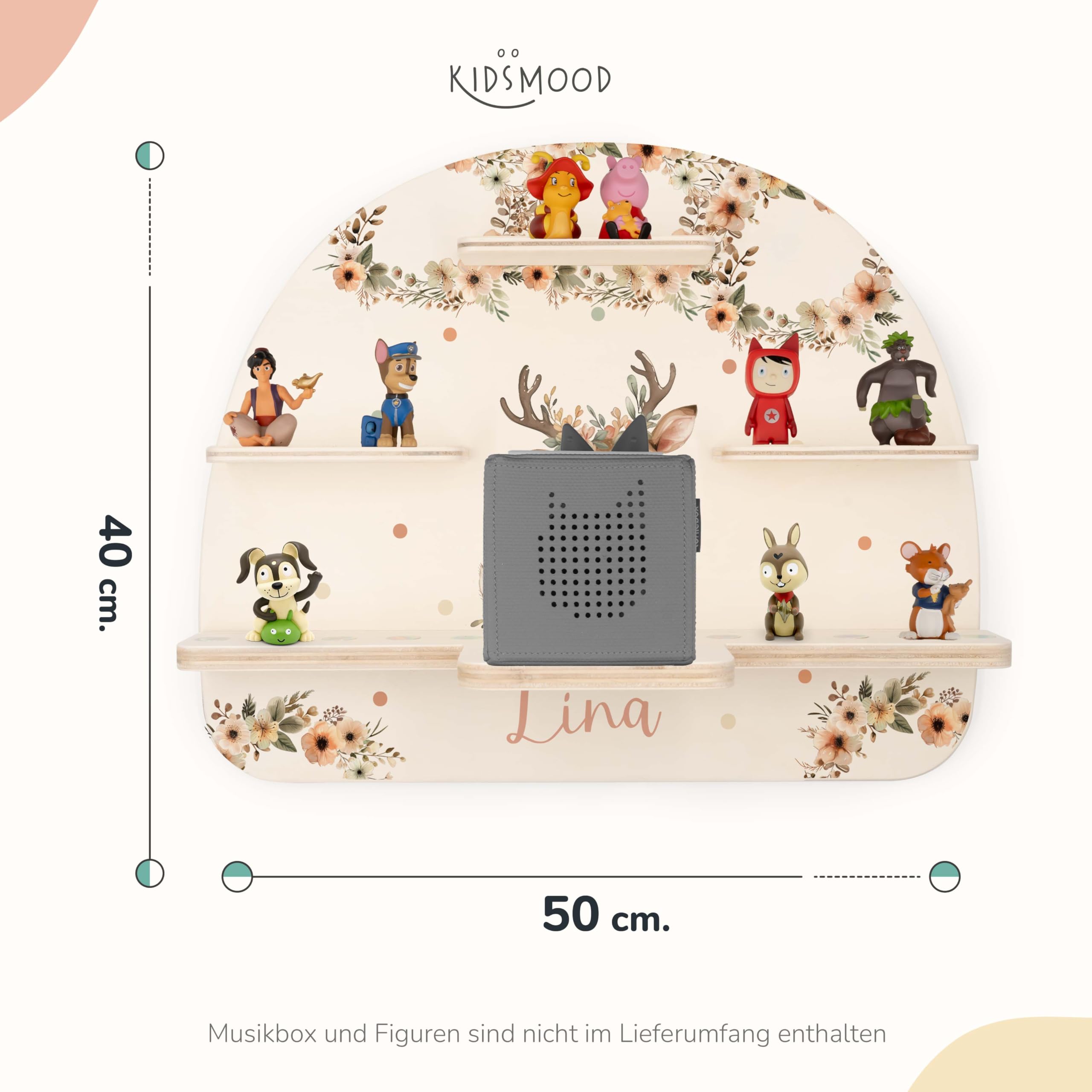 Kidsmood - Tonie Regal mit Namen – Wandregal für Toniebox 1 & Figuren | Abgerundete Ecken & Kanten Inkl. Metallplättchen für Tonie Hörfiguren | Kinderzimmer Regal für Mädchen & Jungen
