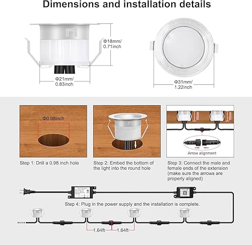 Miniatura 7 de Luz LED empotrable RGB+IC, 1.22 paquete de 6 luces LED escalonadas, luces inteligentes multicolor dinámicas, iluminación de cubierta DC12V bajo