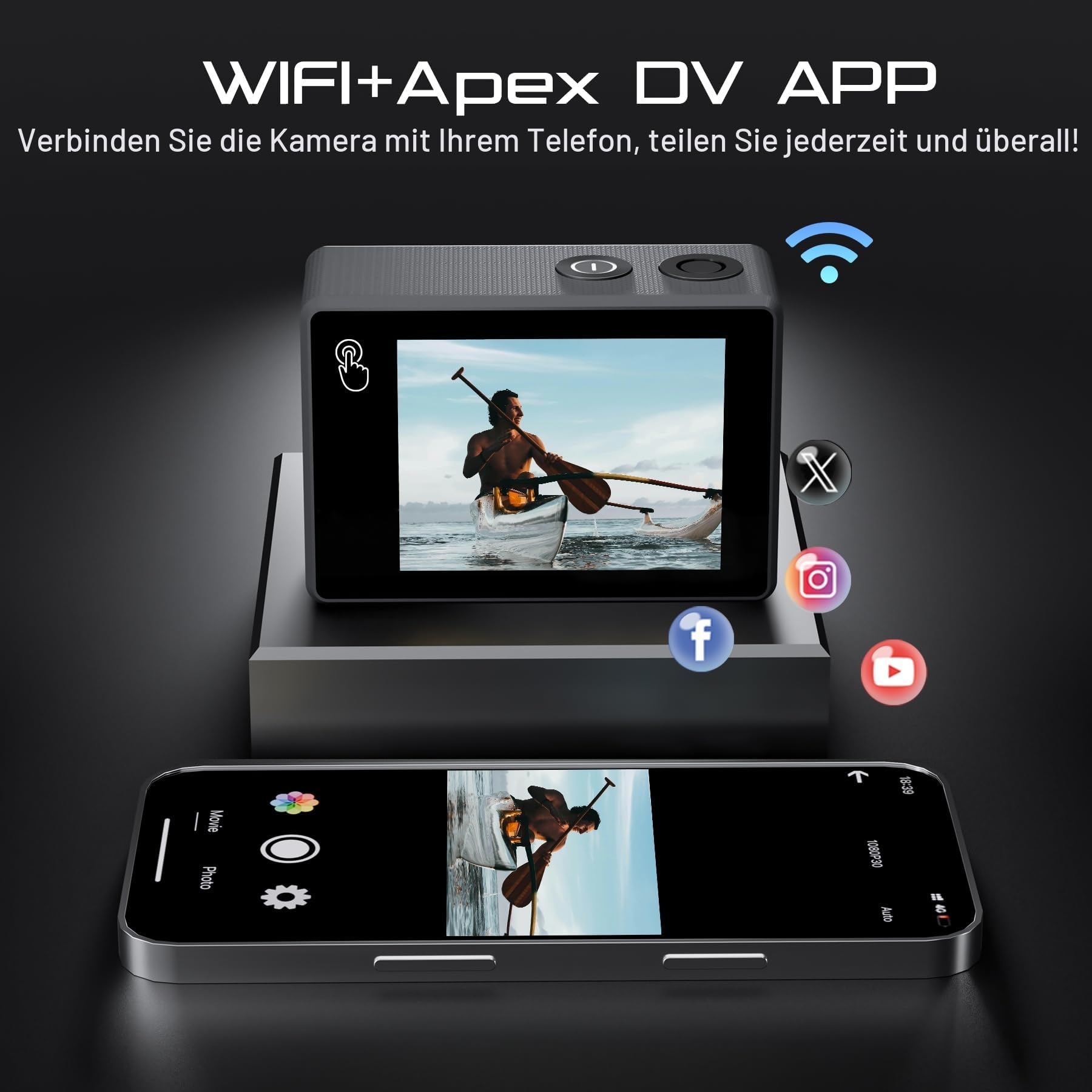 Apexcam M80pro mit 64G Karte Action Cam 4K60FPS 64MP WLAN Sportskamera Unterwasserkamera 40m Wasserdicht 170 ° Weitwinkel 2.4G Fernbedienung 2x1350mAh Akkus mit Zubehör Halterungs-Set