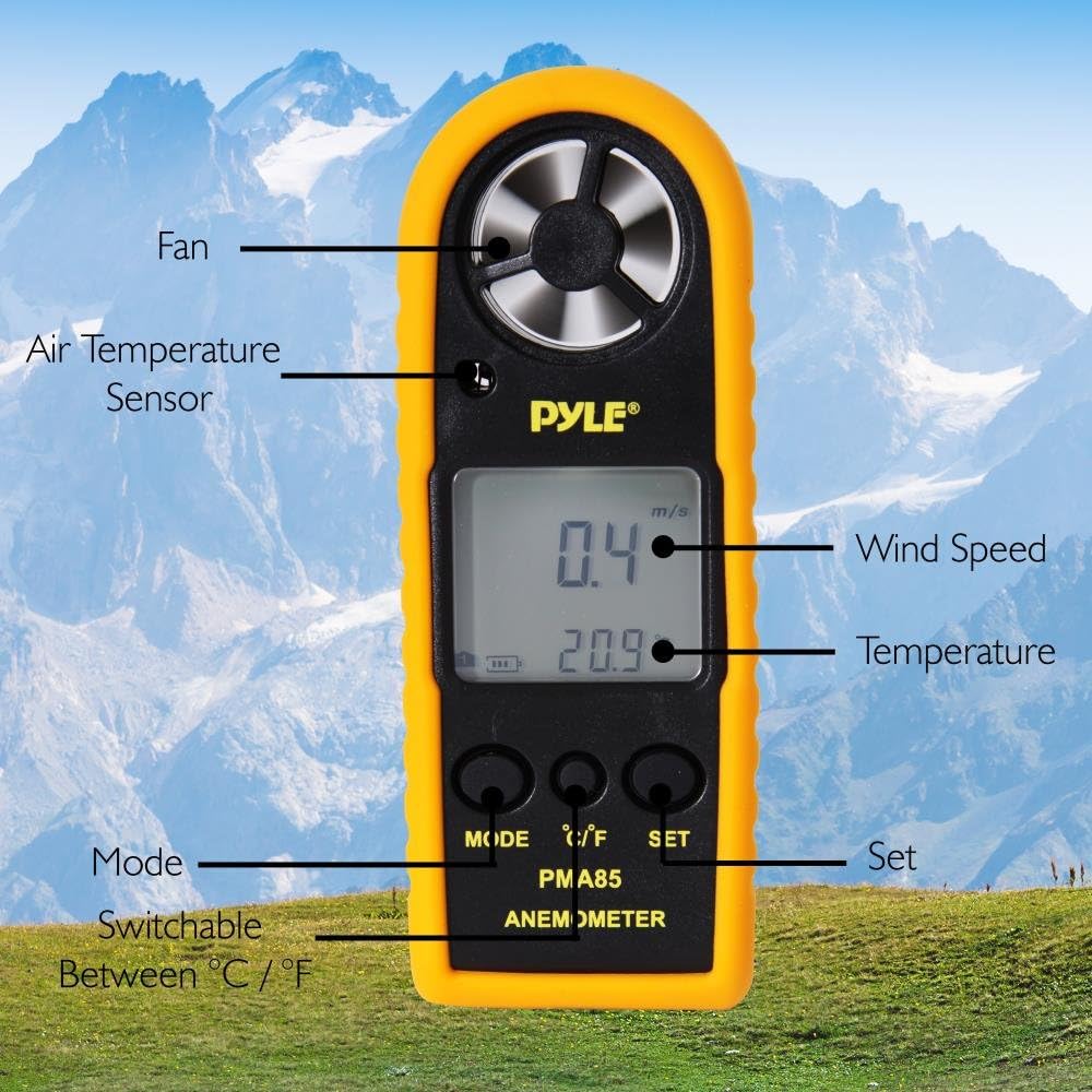 Pyle Digital Anemometer Handheld Thermometer - Portable Handheld Meter, Wind Speed, Wind Chill, Air Temperature, Air Velocity Gauge, Wind Weather Meter with Backlight, Battery Included - PMA85