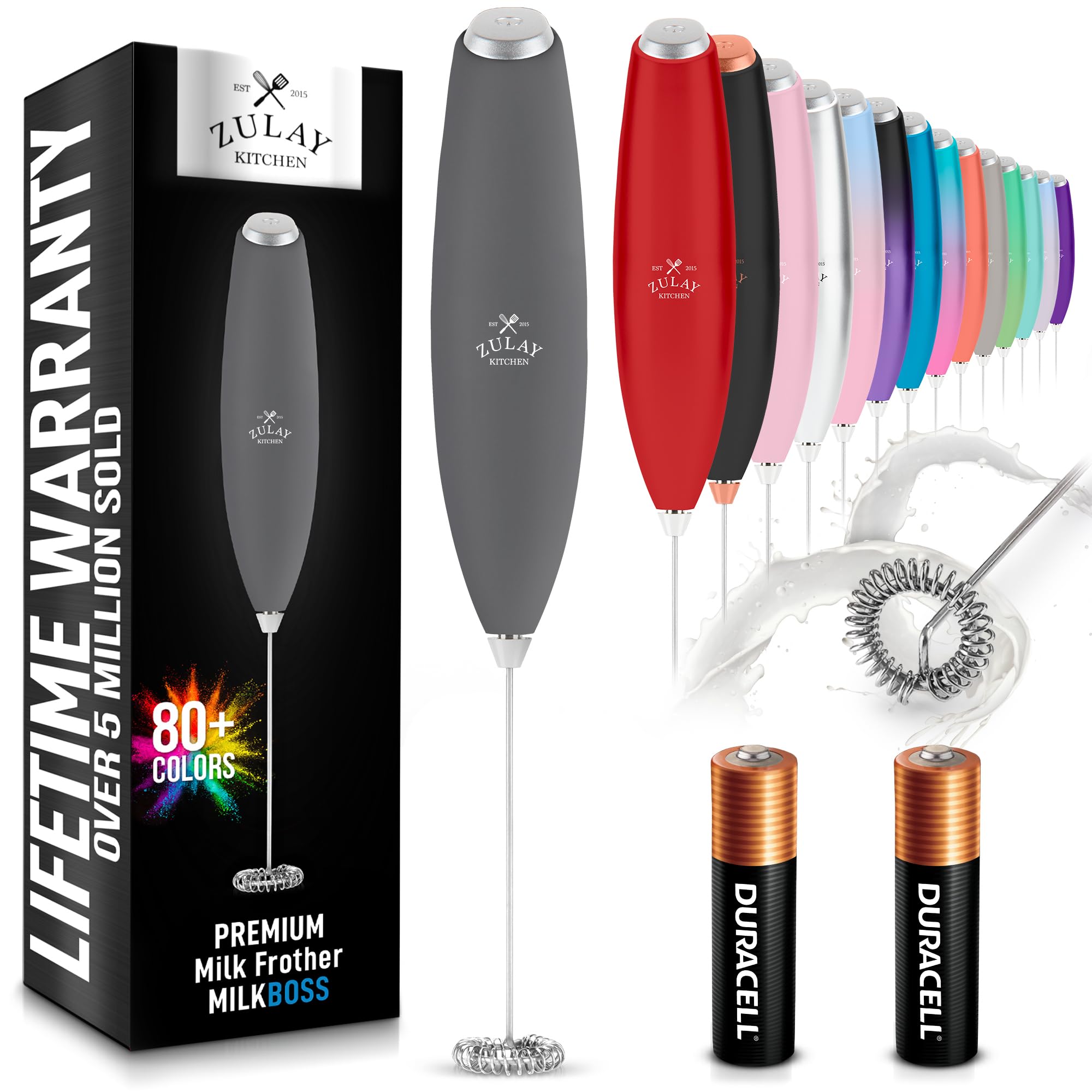 Zulay Kitchen Milk Frother Handheld Electric Whisk with AA Duracell Batteries – Durable Drink Mixer for Coffee, Lattes, Cappuccinos &amp; More - Charcoal