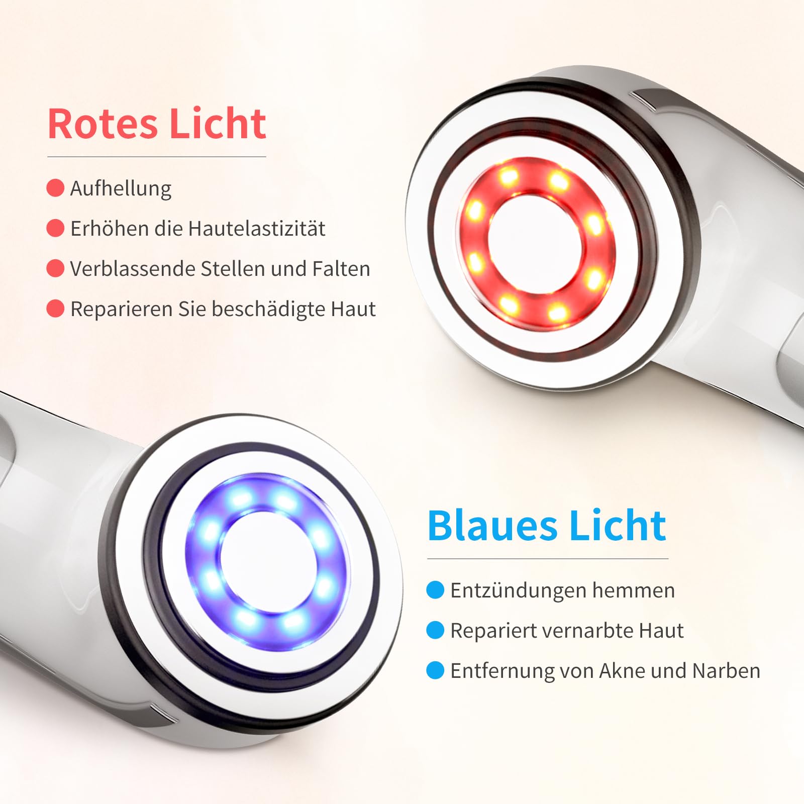 CARER BEAUTY Gesichtsmassagegerät Gegen Falten 5 in 1 Radiofrequenz Gerät Gesicht mit 2 LED Lichttherapie RF Vibration Ion für Anti Falten&Aging Akne Entferne Gesichtpflege Tiefenreinigung