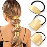 3PCS Gold Hair Ties, Metal Hair Ties for Thick Hair, Elegant Durable Geometric Design Hair Cuffs, Gold Hair Accessories Stretchy and Non-Damage Ponytail Holders 3 Style