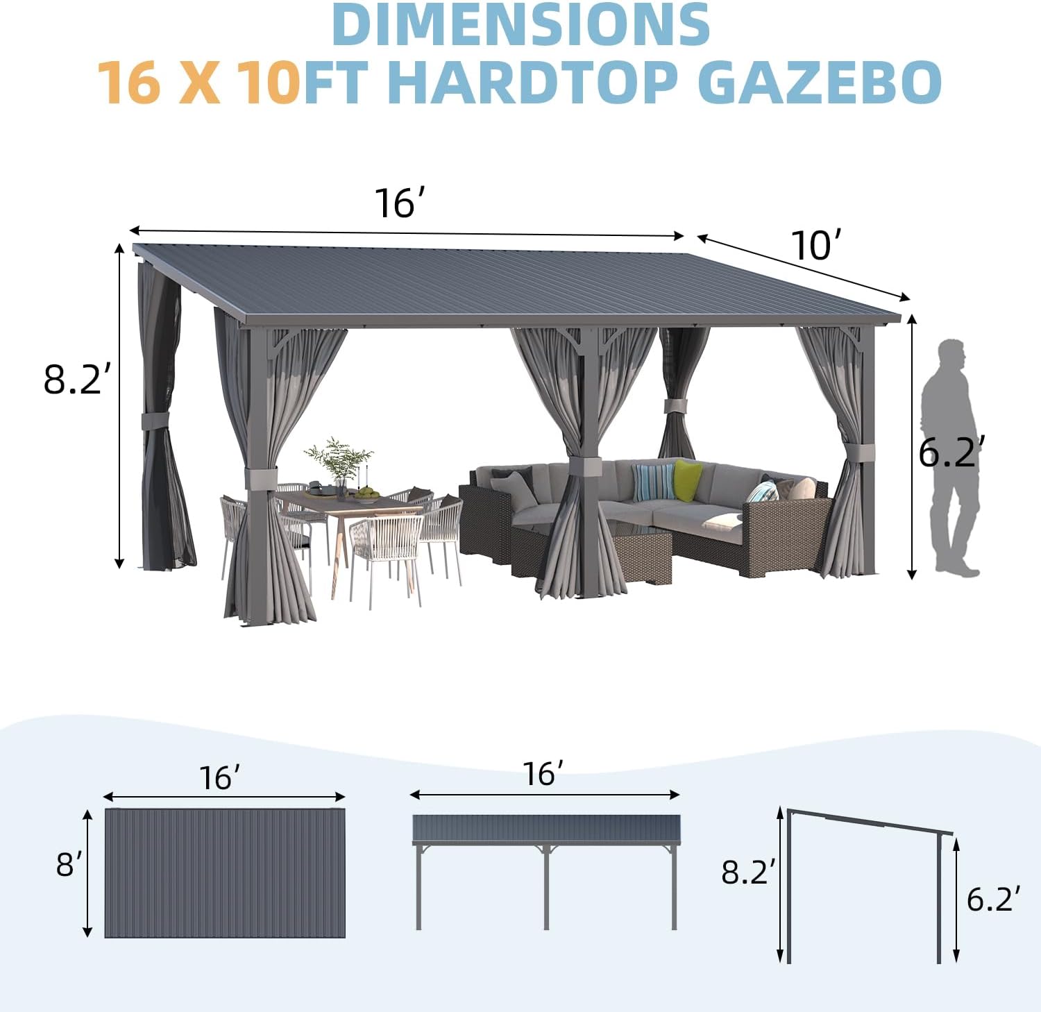 AECOJOY 16'x10' Outdoor Hardtop Gazebo with Curtains and Netting,10x16 Large Steel Heavy Duty Pergola Lean to Wall-Mounted Pergolas and Grill Gazebos Clearance, Metal Roof Awnings for Patio Decks