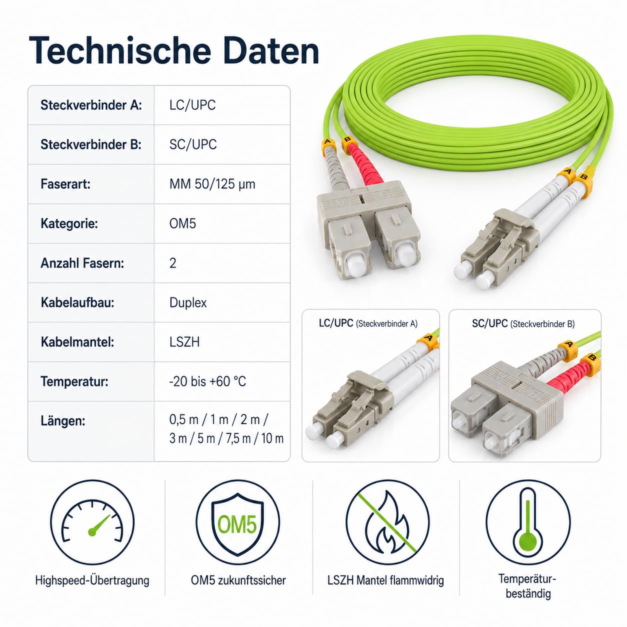 1 câble de brassage duplex OM5 LWL DX de 30 m, LC/UPC - SC/UPC MM multimode, 50/125 µm, LSZH, vert citron.