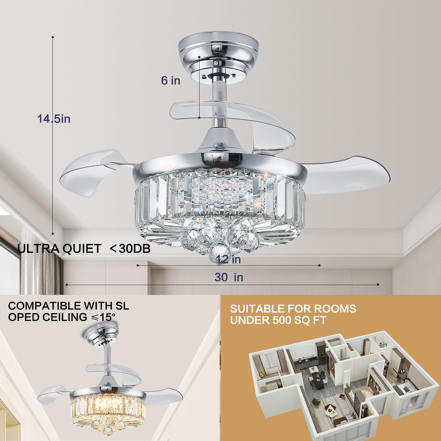 Ventilador de techo de 30 pulgadas con luz de cristal moderno, ventilador de techo reversible, temporizador retráctil regulable para dormitorio, comedor, sala de estar, cromo plateado 4