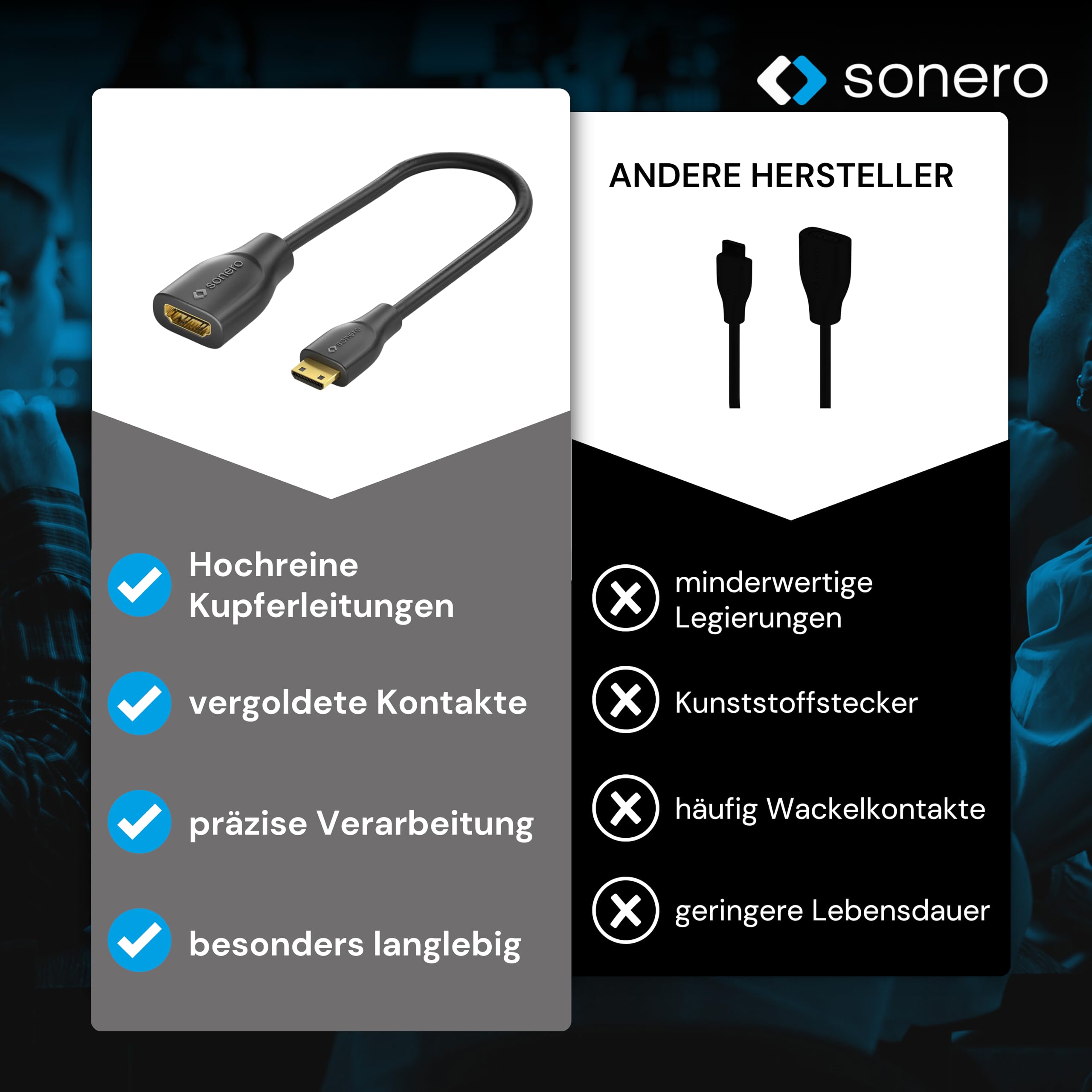 Sonero® Adattatore salvaporta Sonero® da Mini HDMI a 4K HDMI, Premium High Speed, connettore Mini HDMI C a presa HDMI A, contatti dorati, doppia schermatura, guaina in PVC, 0,15 m