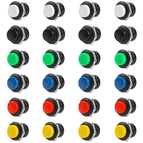 24pcs 16MM Interruptor de botón momentáneo Mini botón redondo de auto-reinicio Botón de interruptor surtido rojo, verde, amarillo, azul, blanco,
