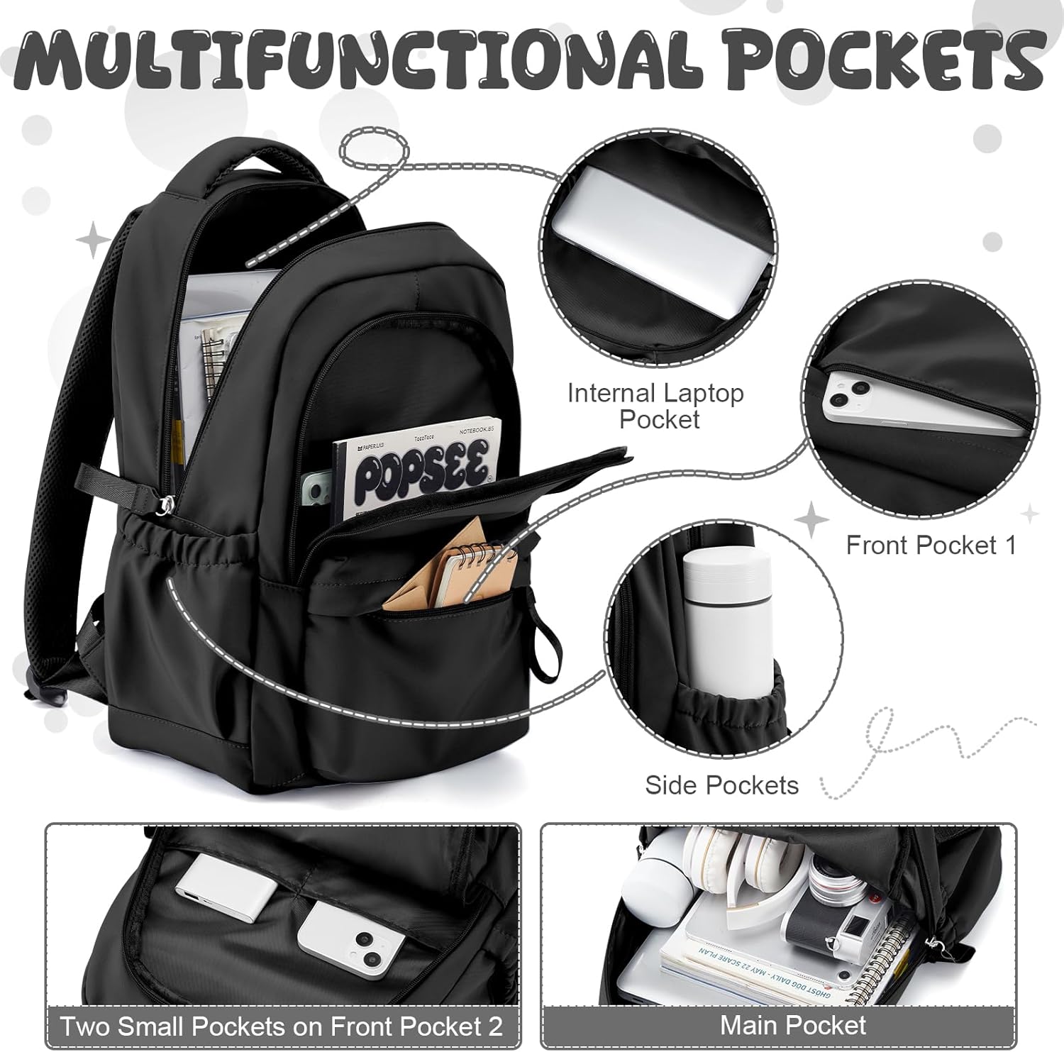 winspansy Small Backpack For School Girls Boys Aesthetic Lightweight Travel Daypack Simple Cute Backpack For Women Men College High School Bookbag Fit 14 Inch Laptop,Black - Image 4