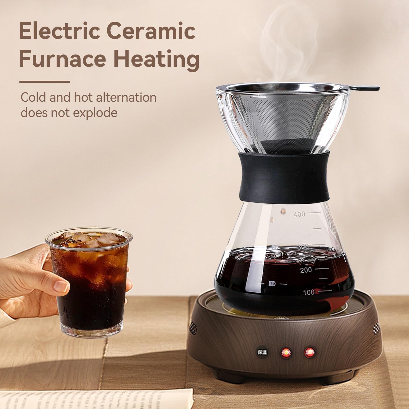 HERCHR Caffettiera in Vetro Con Filtro Permanente in Acciaio Inox, Caraffa in Vetro Borosilicato, Macchina Da Caffè a Goccia Manuale, 400ml Caffettiera Americana in Vetro per Caffè Casa Ufficio