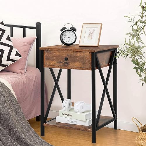 Miniatura 2 de Iwell Juego de 2 mesitas de noche, mesa auxiliar, mesa auxiliar con cajón y estante de almacenamiento, marco de metal, diseño X, junto a la mesa
