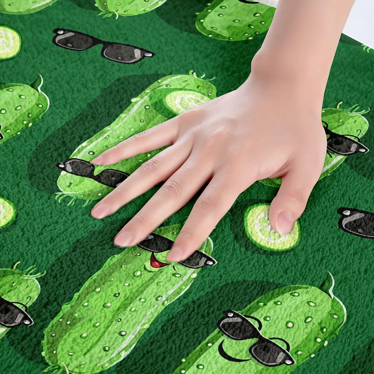 Castle Fairy Funny Cucumber Bathroom Rugs,Sunglasses Cucumber Non Slip Bath Mat Anime Style Vegetables Bathroom Indoor Floor Mats,Dark Green Pickled Shaggy Absorbent Bathtub Decor Rug,20"x32" image 2