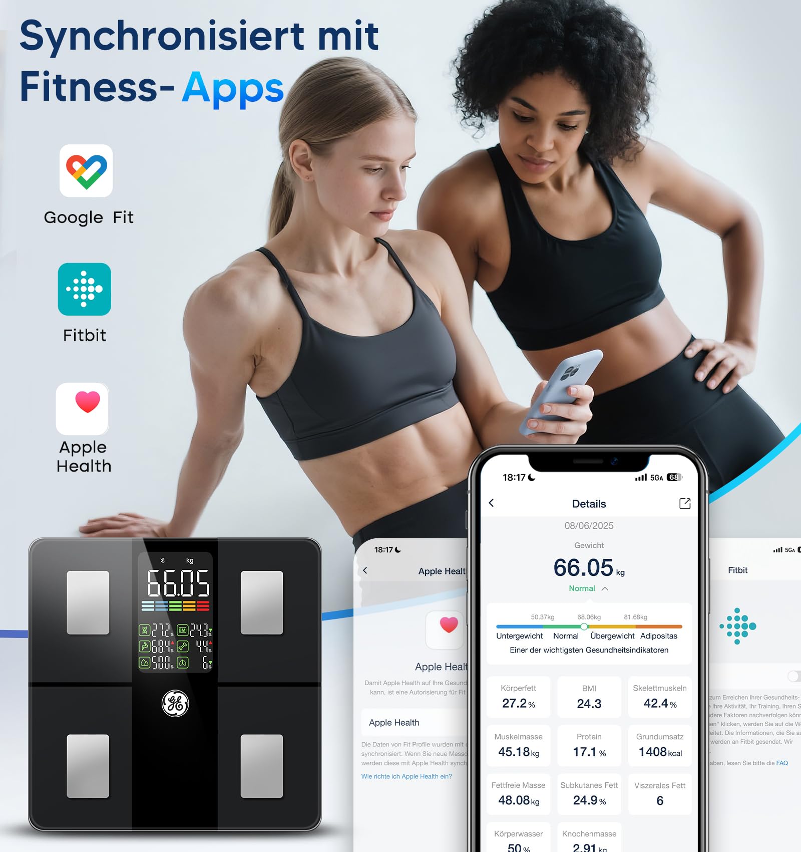 GE Bascula Grasa Corporal y Muscular, Digital Bascula Inteligente con Aplicación 14 Medidas Corporales IMC Bluetooth Báscula de Baño Precisa 180 kgs Black