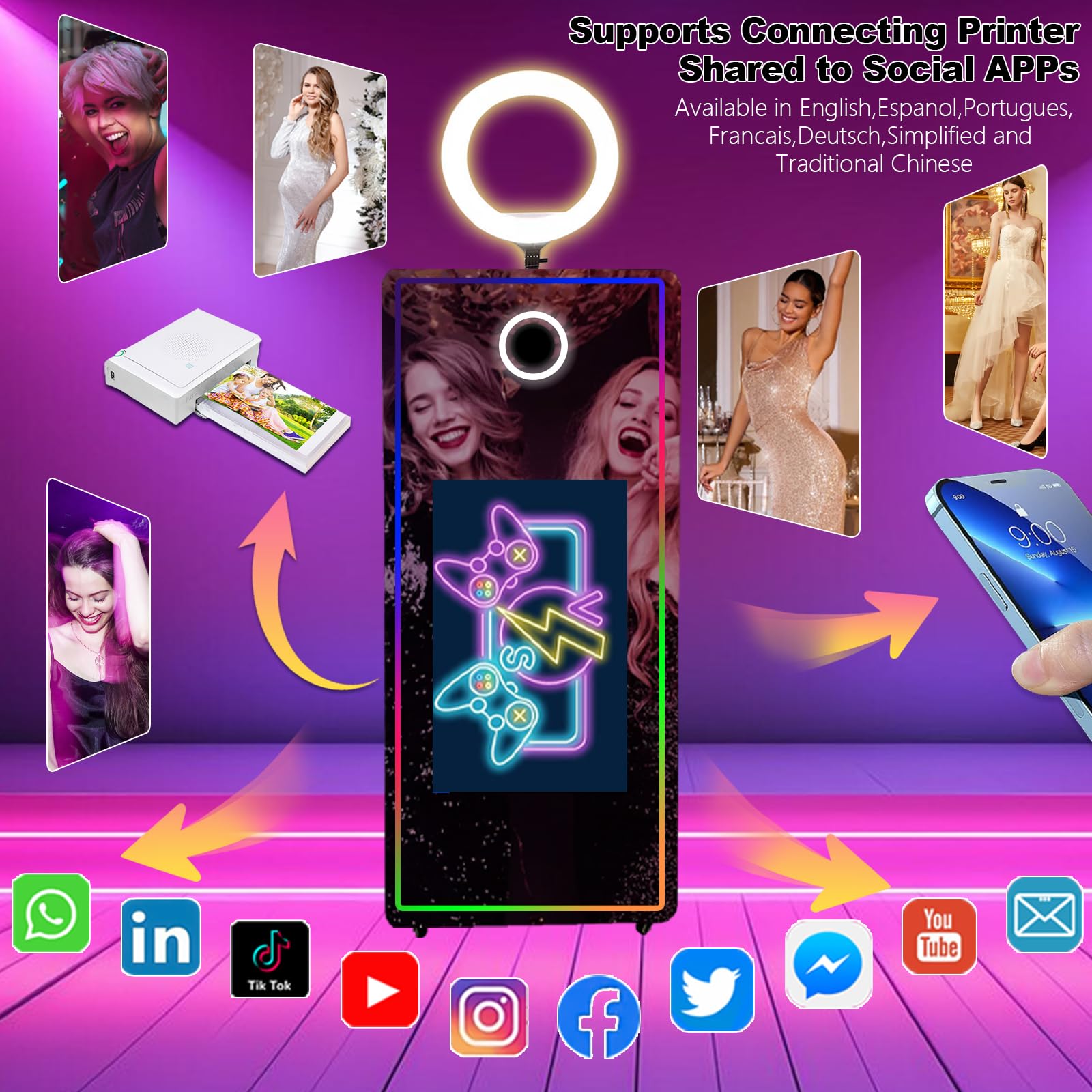 Magic Mirror Fotobudka, 158 cm lustrzana fotobudka z interaktywnym ekranem dotykowym 82 cm, wbudowany mini komputer nadaje się do fotografowania w różnych miejscach (czarna, maszyna + mini drukarka)