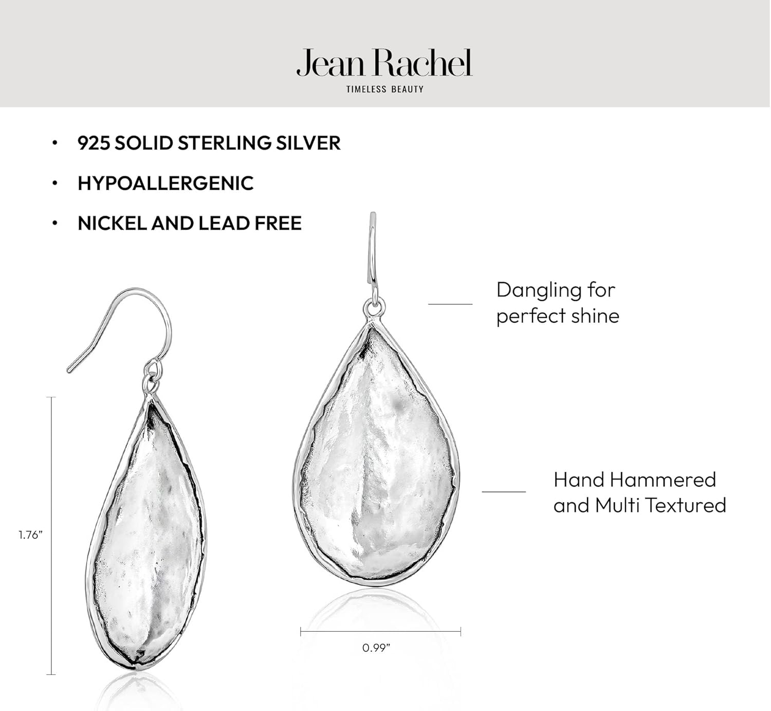 JEAN RACHEL JEWELRY Hammered Earrings for Women - 925 Sterling Silver Dangle Statement, Hypoallergenic, Lead & Nickel Free jewelry (Teardrop Earrings) - Image 5