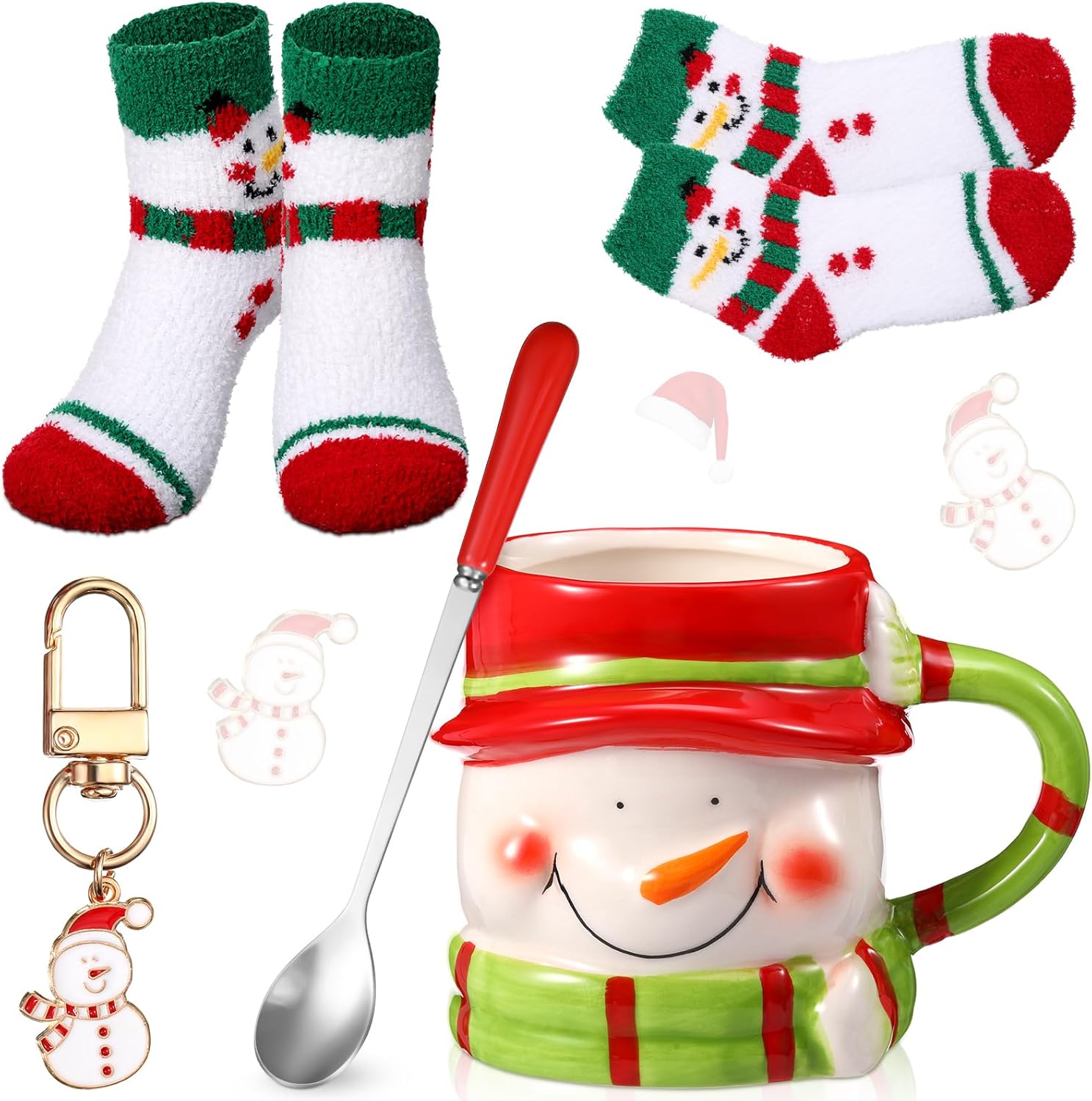 Sliner 4 Pcs Snowman Mug Gifts Set Include Christmas Coffee Mugs 17 oz with Red Spoons Funny Winter Fuzzy Socks Mini Snowman Keychains Hot Chocolate Cup for Women Men Xmas Holiday Birthday Gifts