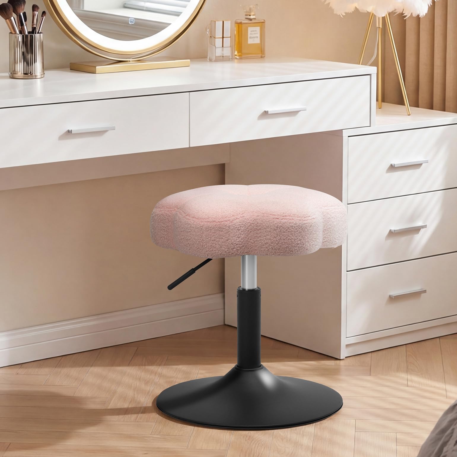 ELUCHANG Sgabello per Toeletta Trucco a Forma Di Petalo, Sedia Trucco Per Camera Da Letto, Sedia Camera da Letto - Regolabile In Altezza 40-52cm, Girevole a 360°, Traspirante Tessuto Sherpa Rosa