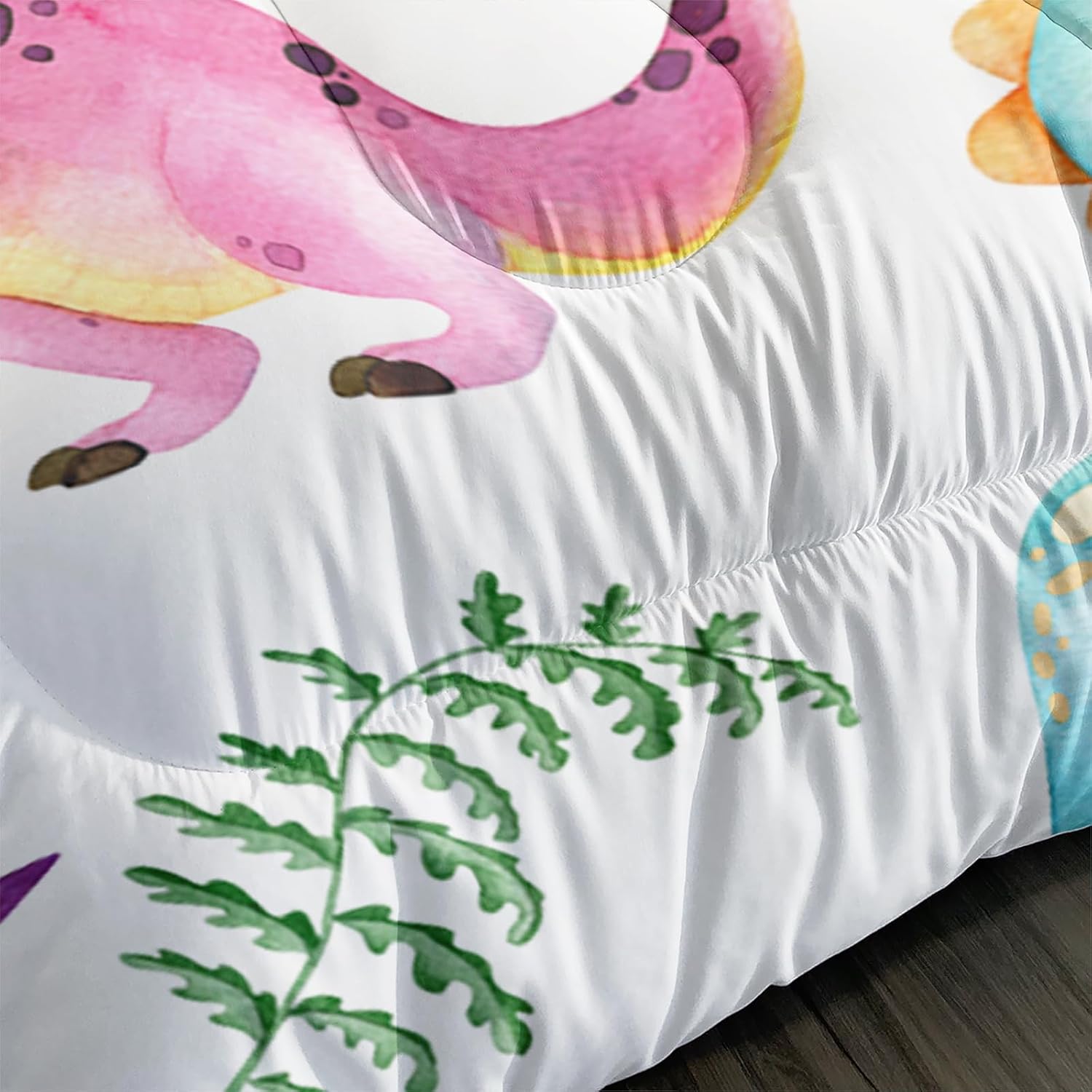 Cartoon Dinosaur Comforter Set Twin 3Pc Kawaii Dinosaur Bedding Set All Season with Tree, Leaf Decoration Includes 1 Comforter, 2 Pillowcases for Kids Girls Teens