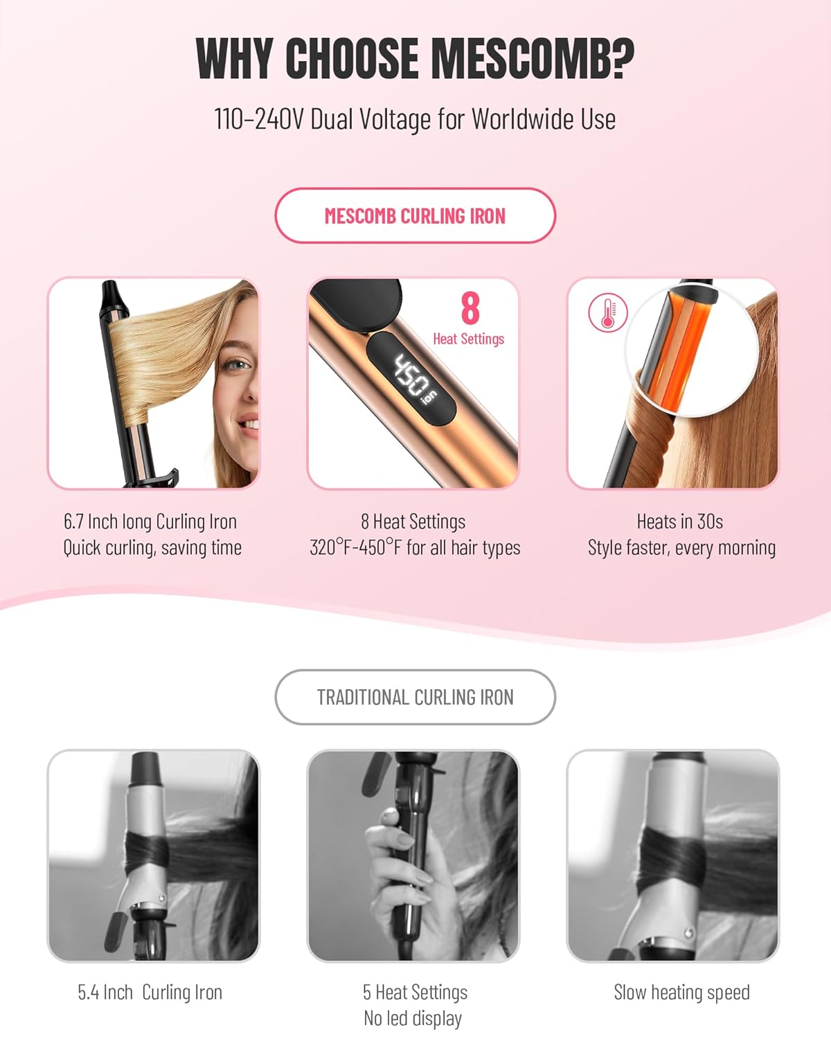 Mescomb 1.25 inch Long Barrel Curling Iron 1 1/4 inch with 8 Heat Settings, 10-Minute Curls, Ceramic Curling Iron, 30s Fast-Heating, Beach Waver/Volumized/, 110-240V for Travel, 60 Mins Auto Off - Image 6