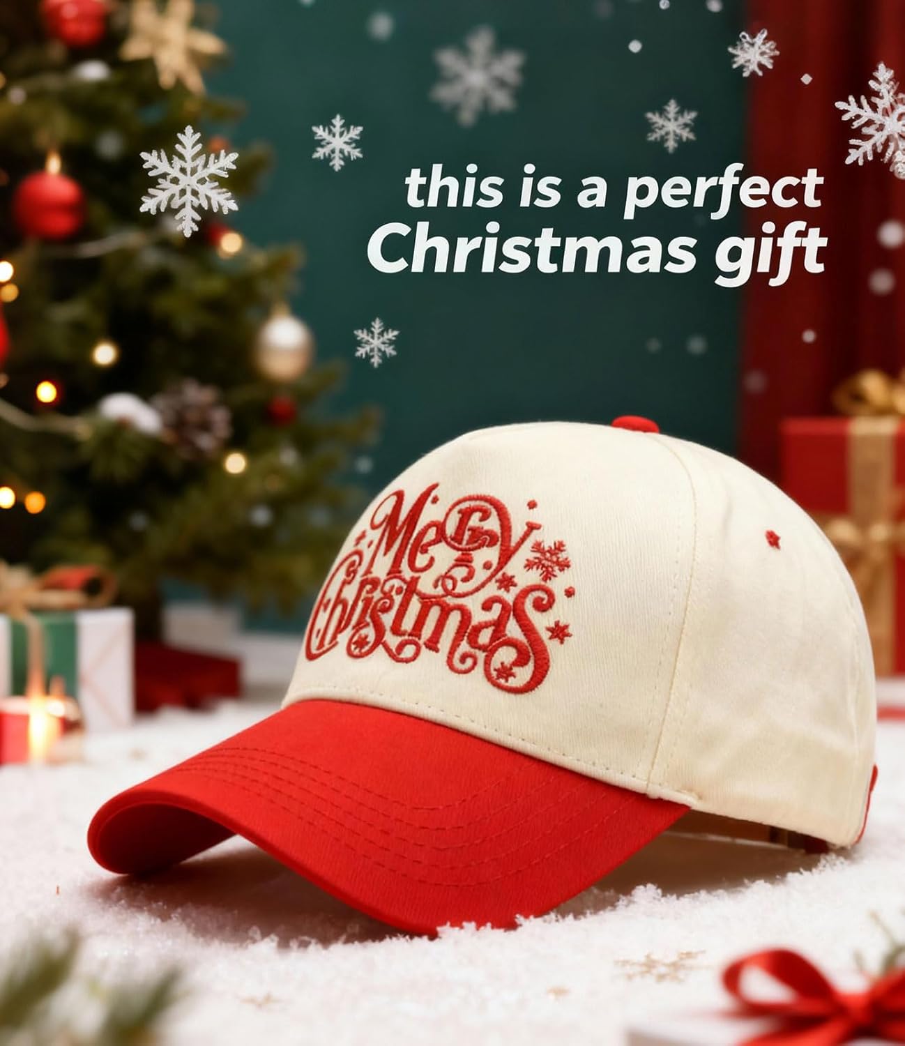 Two-Tone Merry Christmas Embroidery Dad Hat - Eco-Friendly Degradable Snapback, Unisex Xmas Holiday Cap - Image 2