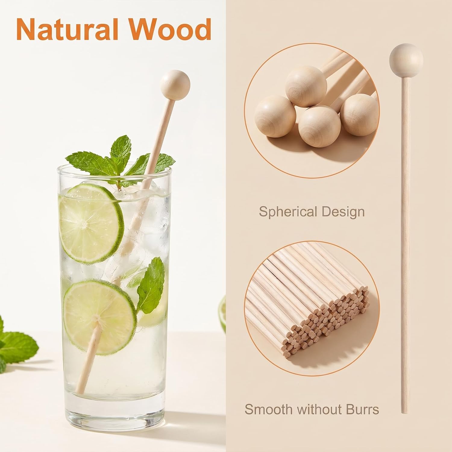 100Pack Wooden Rock Candy Sticks with Ball Tips, 6Inch Wood Cake Pop Sticks