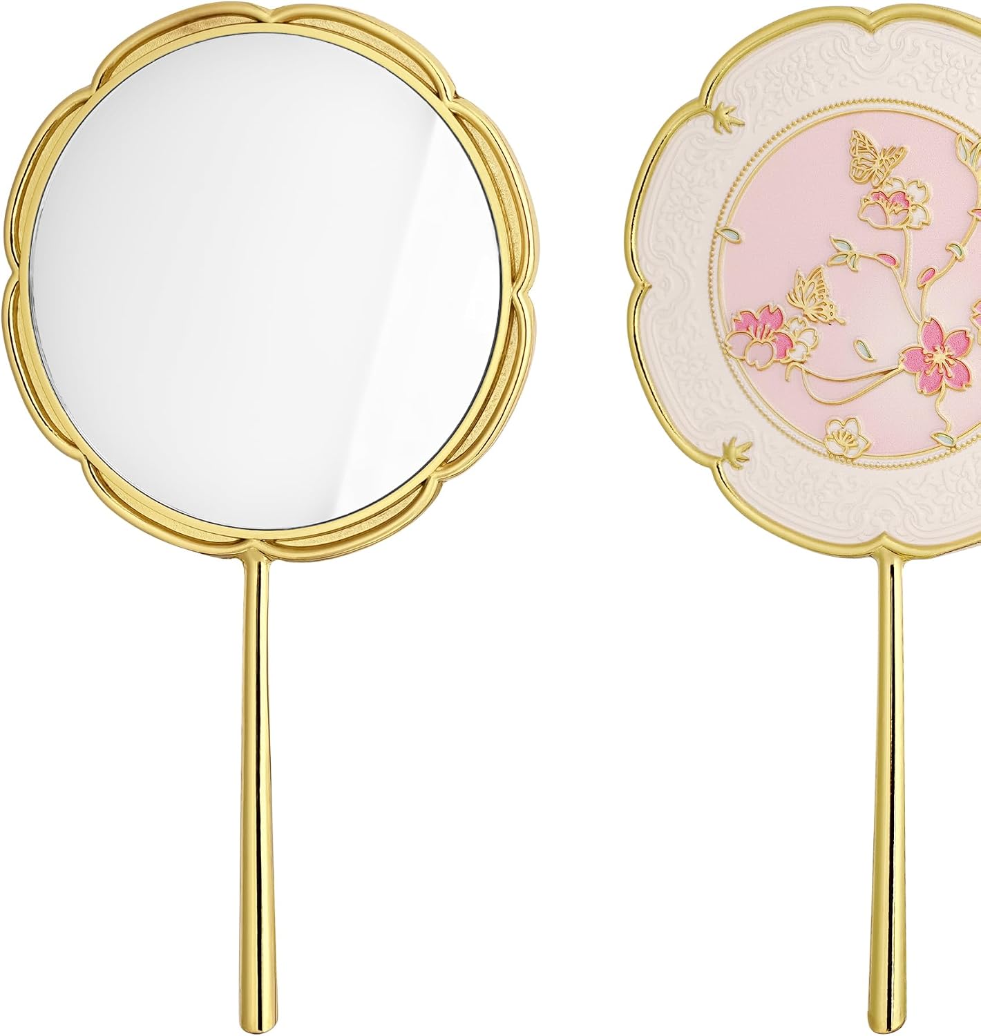 Mini Chinese Style Mirror, Flower Butterfly Hand Mirror, Vintage Aesthetic Metal Mirrors with Long Handle, for Women (Gold)