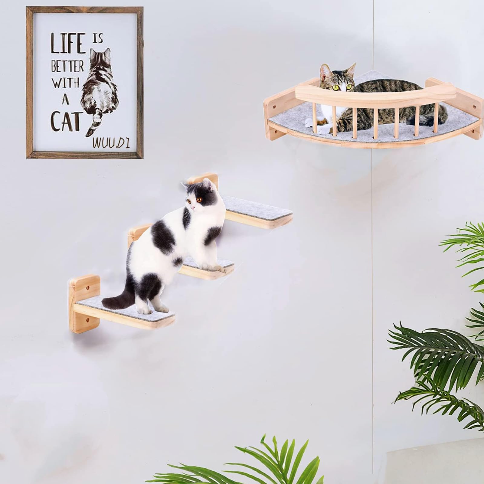 Perchoir d'angle Mural pour Chat avec 3 Marches, Étagère d’Escalade Murale pour Chat Mur Escalier en Bois, Échelle Parcours Mural Chats Interieur pour Grimper, Dormir et Jouer, avecTapis en Feutre