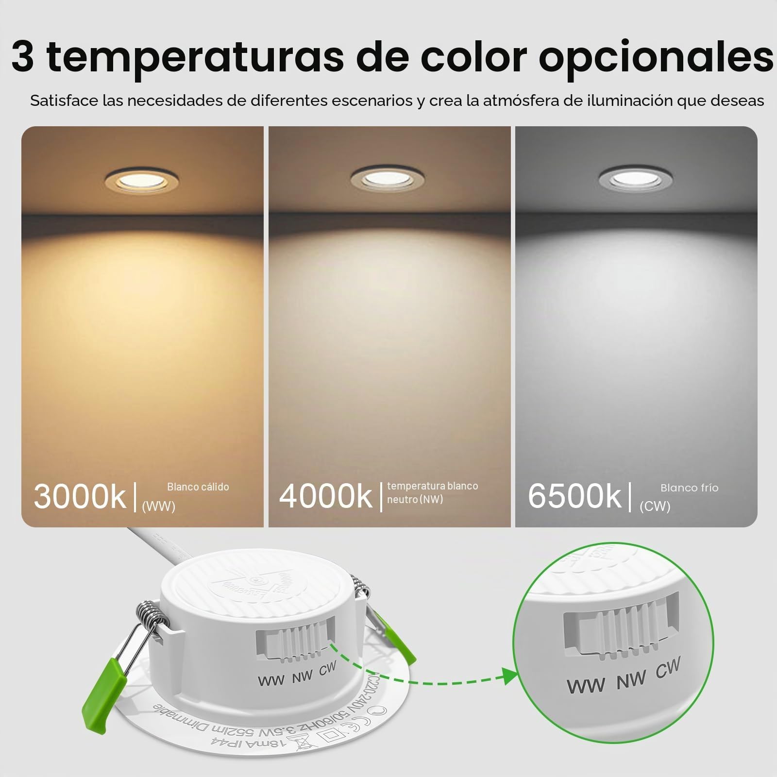 GY 12 Pack Clase B Focos LED Interior Techo Regulable, 3.5W 552LM Downlight LED Techo Empotrable, 3000K Luz Calida 4000K Luz Neutra 6500K Luz Frío, Corte 65mm-80mm, IP44 Ojos de Buey para Baño