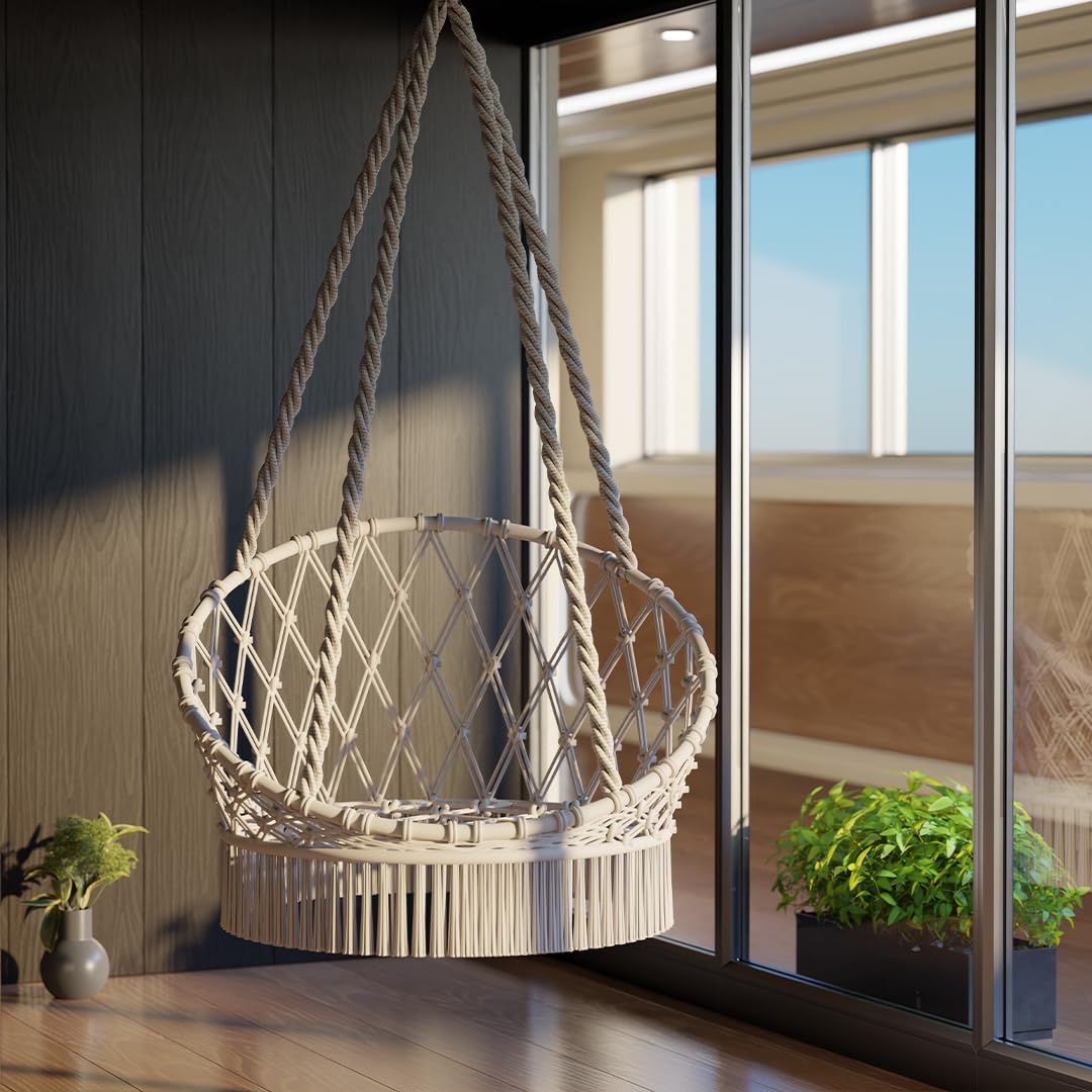 Lifelong Hanging Cotton Swing with Netted Rope Chair - Indoor & Outdoor Swing for Adults & Kids – Premium Home & Balcony Hammock Swing Chair (White, LLMAC-S)-image-33