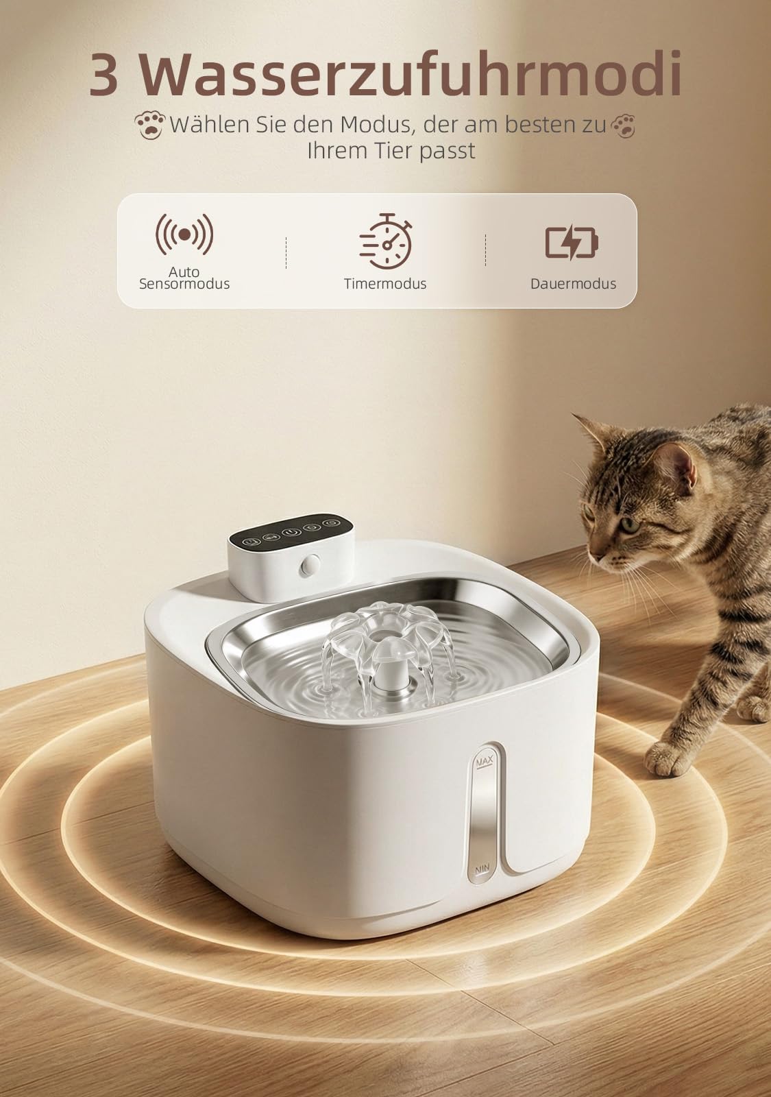 Katzenbrunnen Kabellos mit Bewegungsmelder 3.2L, 4000mAh Akku Trinkbrunnen für Katzen Edelstahl, Ultra-Leise Pumpe, Automatischer Wasserspender Katze, Hundetrinkbrunnen Filter, Weiß