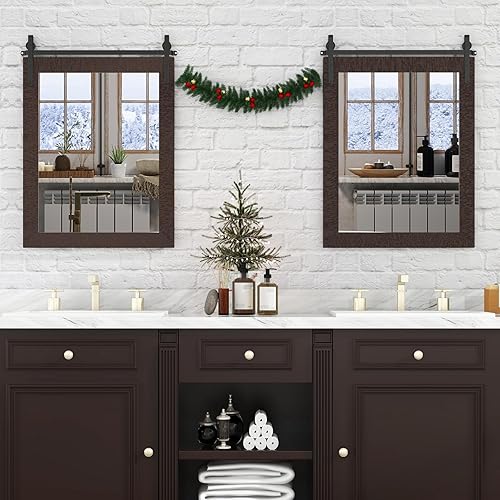 Miniatura 3 de Tangkula Espejo de pared de granja, espejo de baño rústico con marco de madera y soporte de metal, espejo de puerta de granero montado en la pared