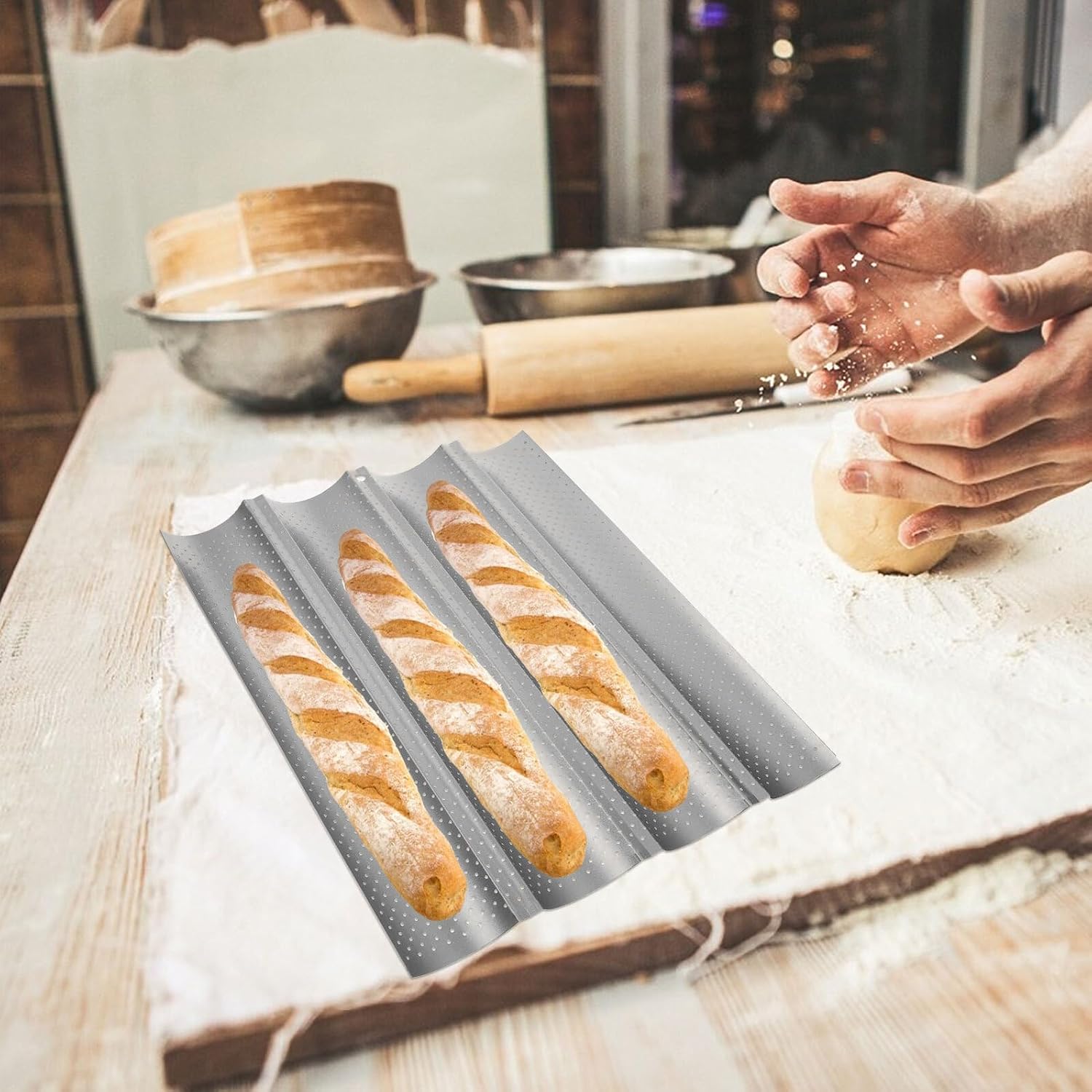 Non-stick Carbon Steel Bread Baking Pan with Four Grooves High Temperature Artisan Baguette for Home Oven Baking