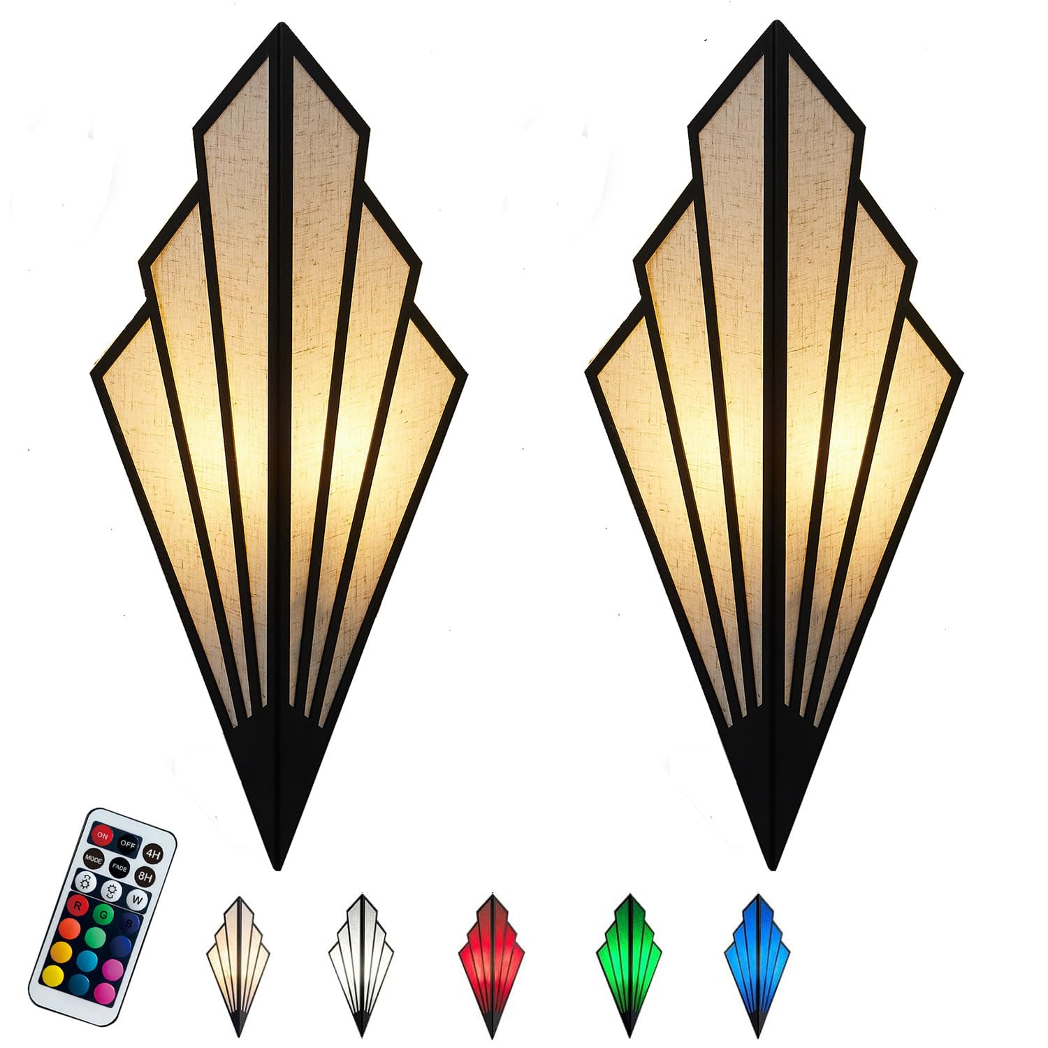 PENTWAN Battery Operated Wall Sconces Set of 2,Modern Wall Lamps,with Color Temperature Dimmable Remote Control,Non Hardwired Sconce,Art Deco Lighting Fixture,for Bedroom Bedside (BlackSeven Colors)