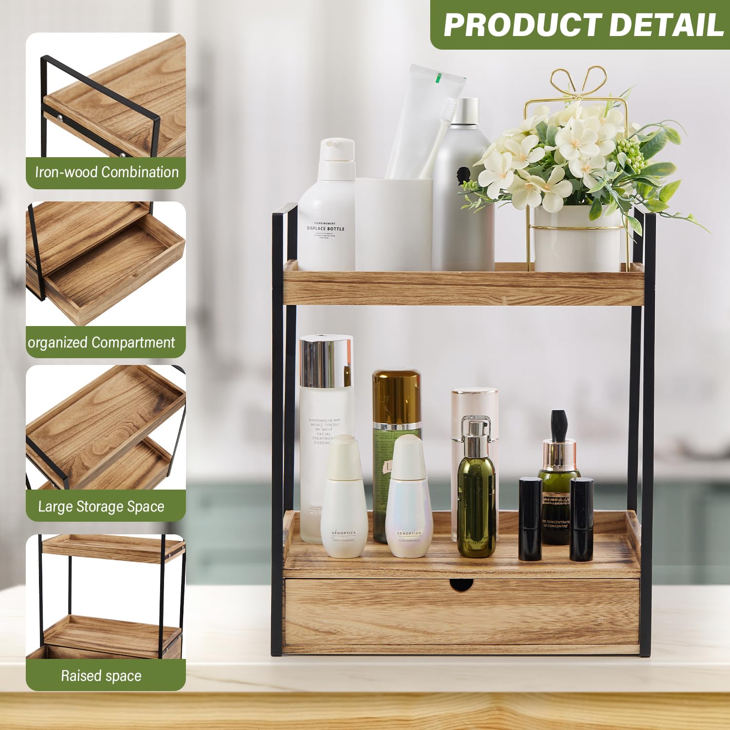 Auysbytdd 2-Tier Bathroom Organizer Countertop with Drawer, Wood Counter Shelf for Storage, Cosmetic Storage Vanity Tray for Bathroom Organization for, Kitchen, Office