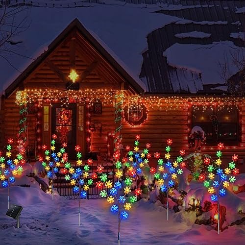 Miniatura 5 de Homeleo Juego de 4 luces solares de Navidad al aire libre, 80 luces LED multicolor de estaca de copo de nieve, árbol de Navidad de copo de nieve