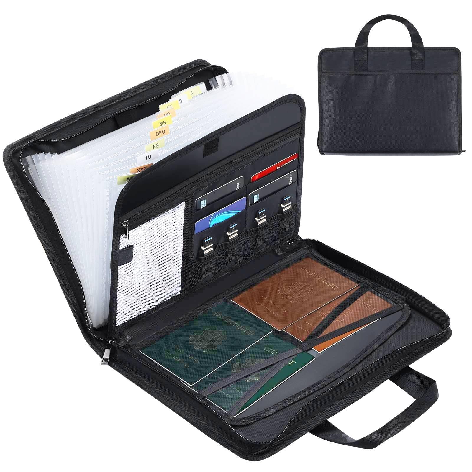 Pomodee Fireproof File Organiser Important Document Organiser Storage,Portable Expending File Folders with Zipper & Handle,Fire Safe Bag 13-Pockets for A4 Document,Black