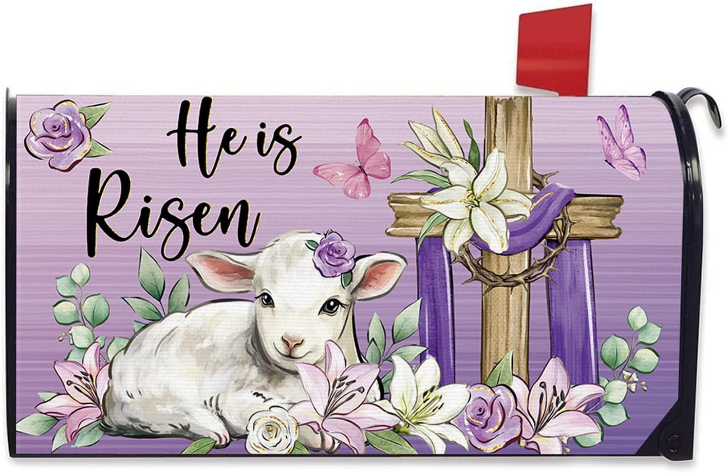 Christian Easter Cross Lamb Mailbox Cover Magnetic Standard Size 20.5" x 18", Religious He is Risen Decorative Post Letter Box Wrap Decor, Spring Lily Flower Garden Yard Outdoor Decoration
