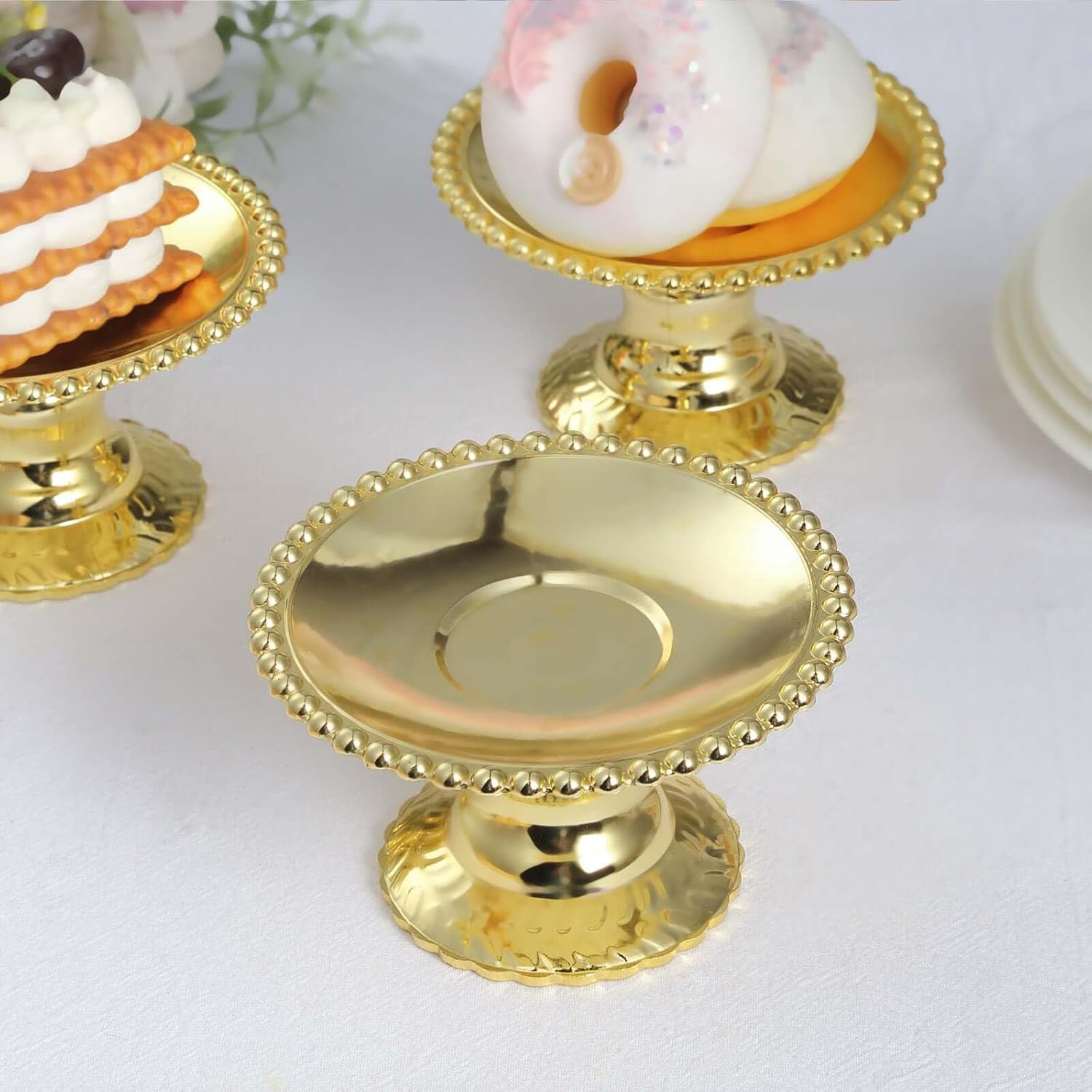 Efavormart 12 Pack 5 inch Gold Mirror Finish Mini Pedestal Cupcake Plates, Round Dessert Display Stands with Beaded Rim for Luxury Tablescapes