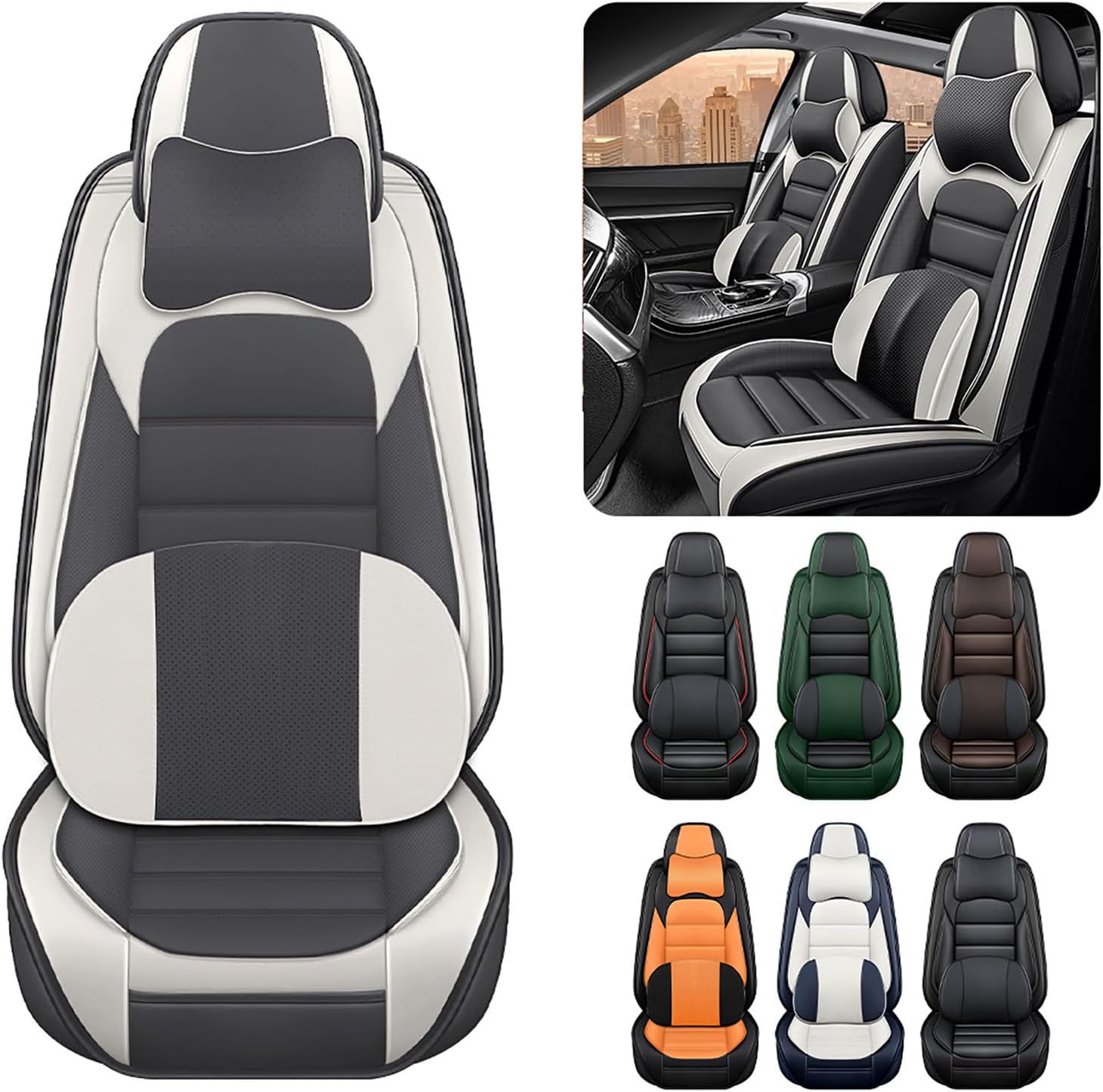 Luxury Car Seat Covers for Porsche Cayenne E-Hybrid Coupe 2021,Waterproof Soft Breathable PU Leather Seat Cover with Storage Pockets(Gray&White,Full Set with Pillow) Full Set with Pillow Gray&White