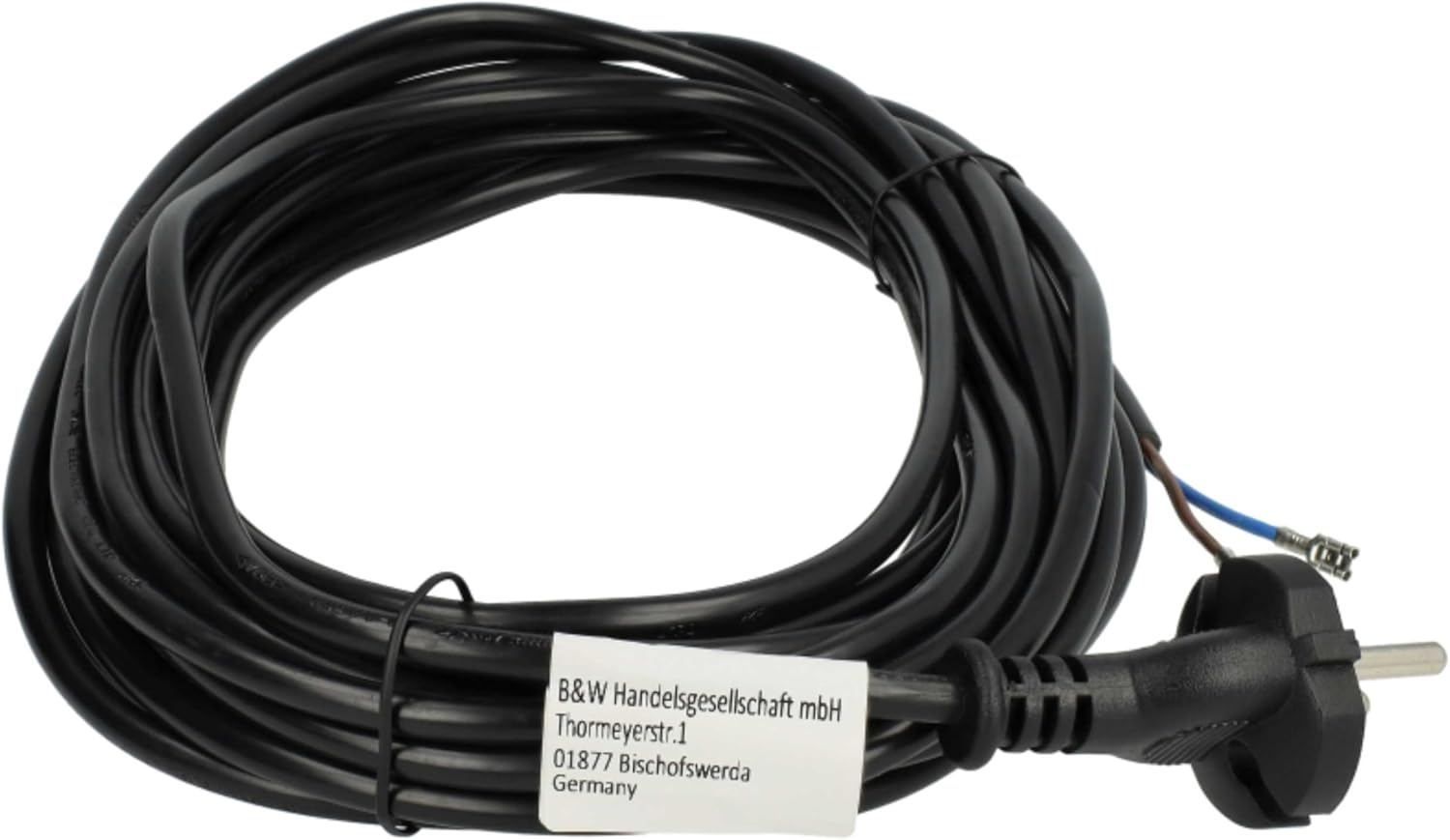Coiled black power cable with a label showing manufacturer information and the European-style plug.