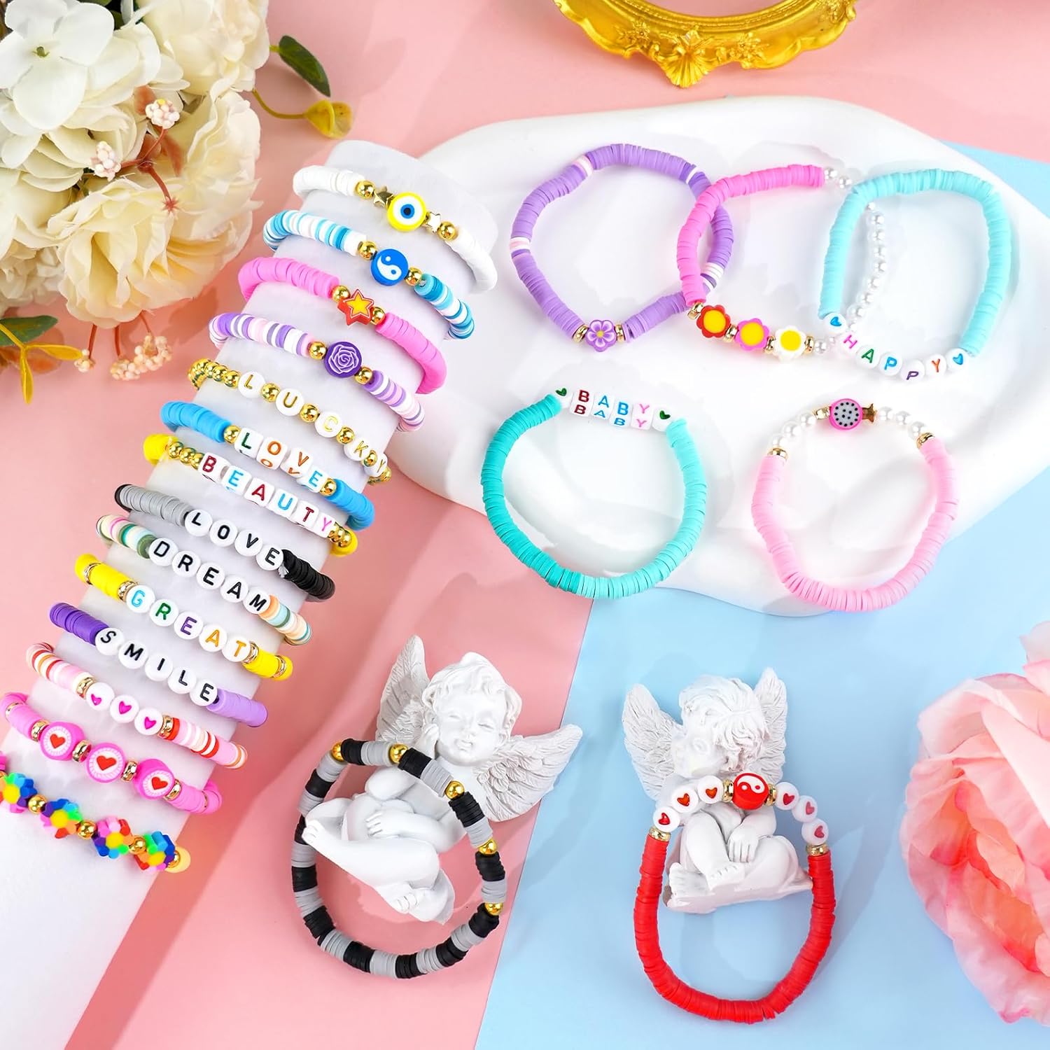 96 Pcs Colorful Friendship Bracelet Set Stackable Beaded Clay Bead Bracelets Surfer Bracelets Heishi Bracelet Friendship Bracelets Boho Y2K Summer Jewelry Set - Image 4