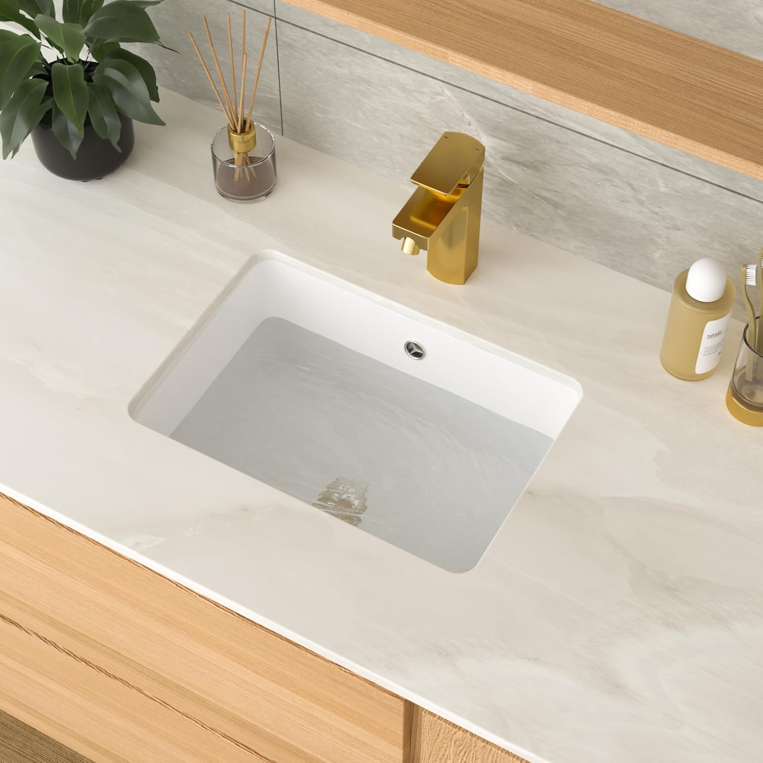 17 Inch Undermount Bathroom Sink 17"x12" White Rectangle Porcelain Ceramic Vanity Sink with Overflow, Under Counter Lavatory Basin