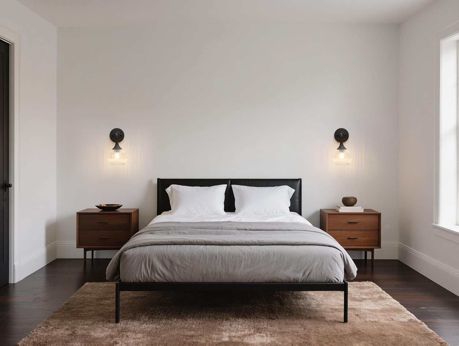 Phansthy Hardwired Modern Wall Sconces, Retro Industrial Wall Lamps, Bathroom Vanity Sconces Wall Lighting with Striped Glass Shade for Bedroom Living Room Corridor Kitchen (Black + Clear Shade)